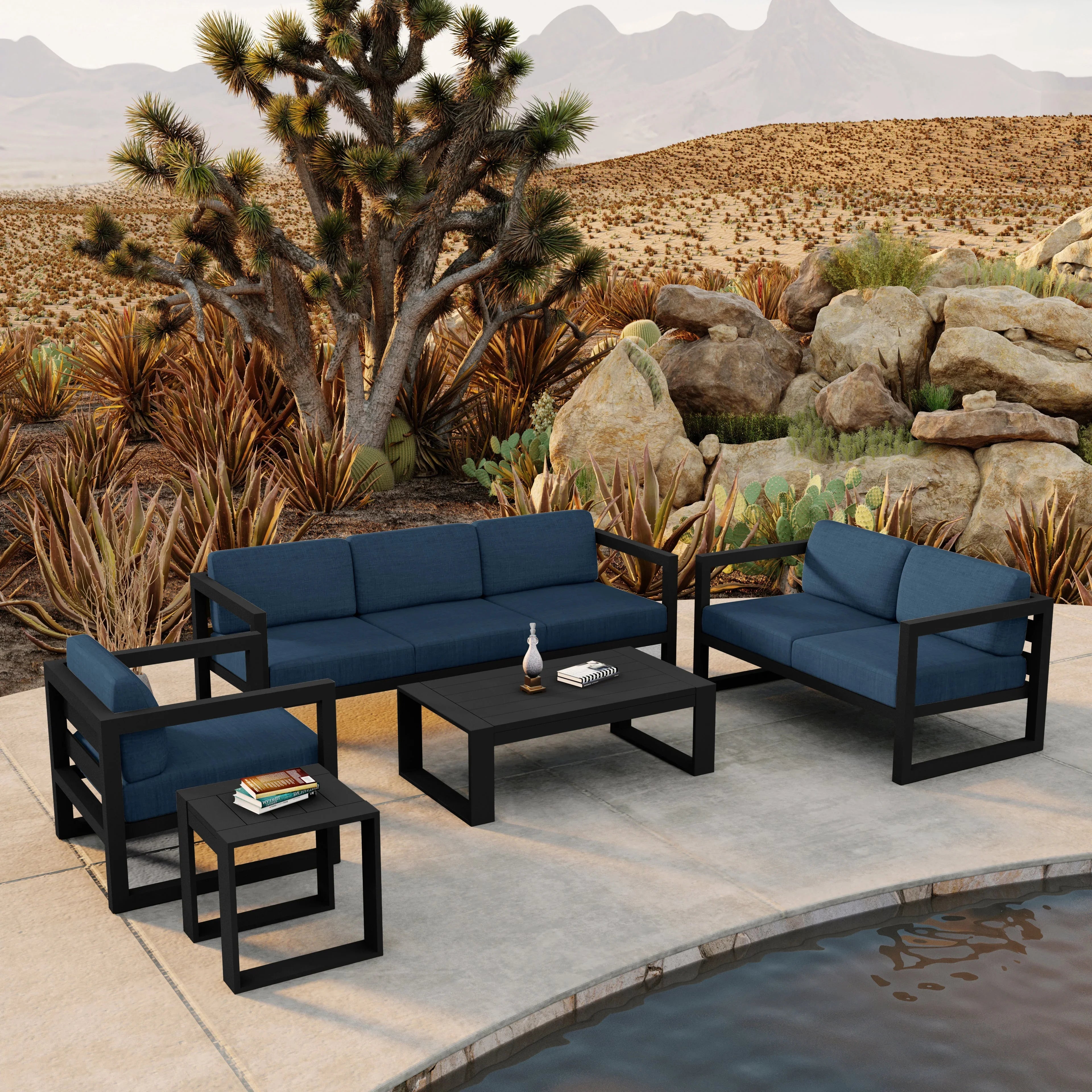Avion 5 Piece Aluminum Sofa Set#Finish_Black#Fabric_Spectrum Indigo