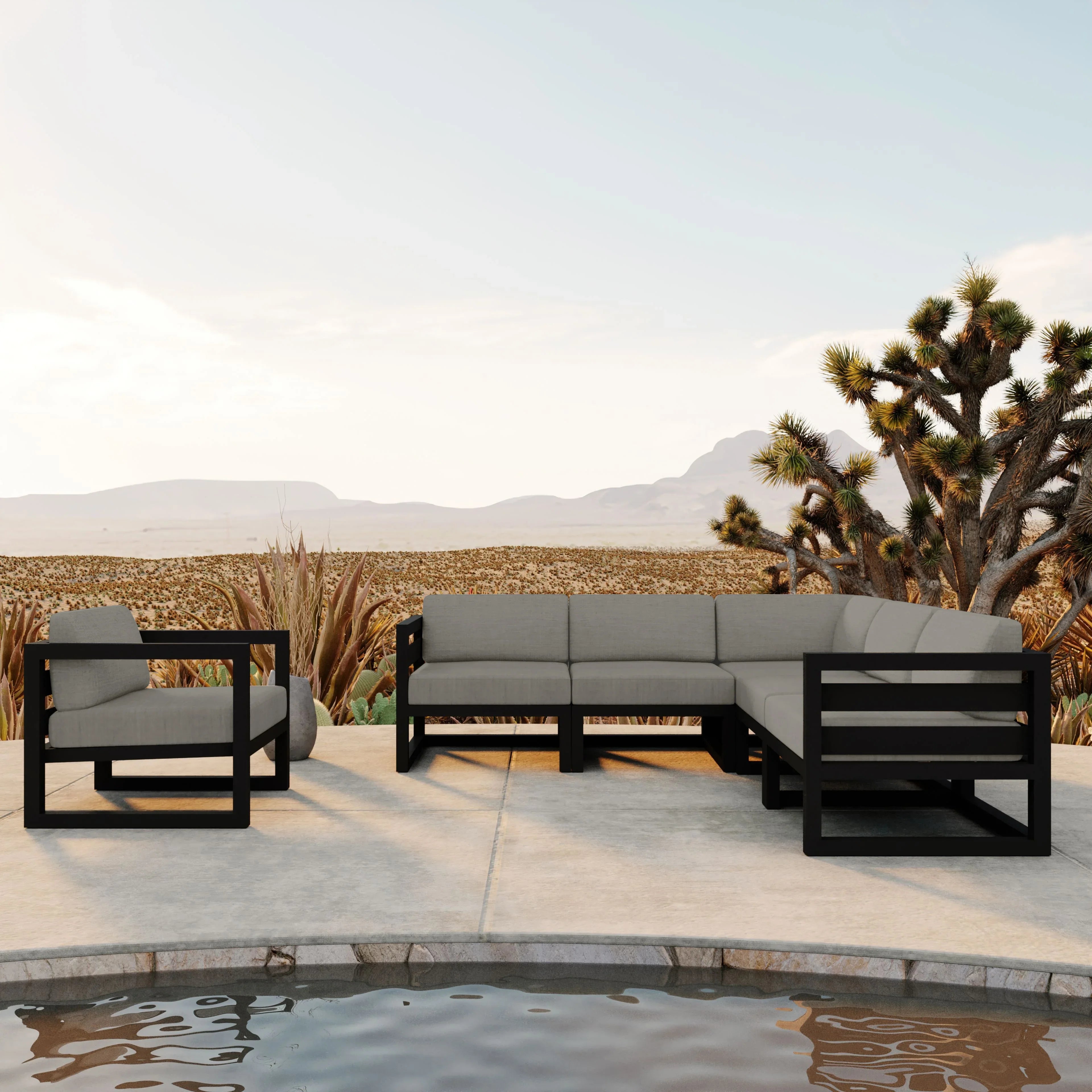 Avion 6 Piece Aluminum Sectional Set#Finish_Black#Fabric_Canvas Charcoal