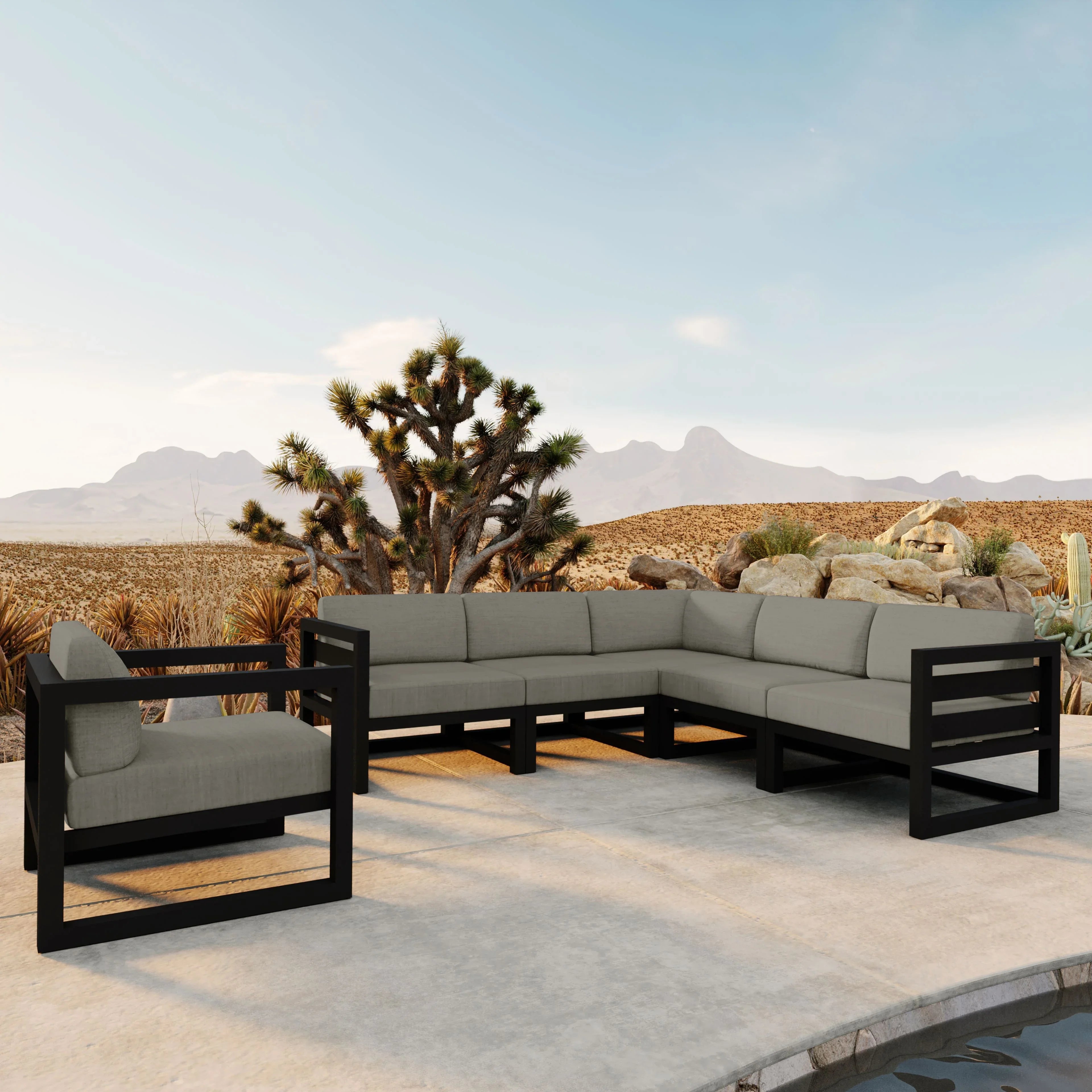 Avion 6 Piece Aluminum Sectional Set#Finish_Black#Fabric_Canvas Charcoal