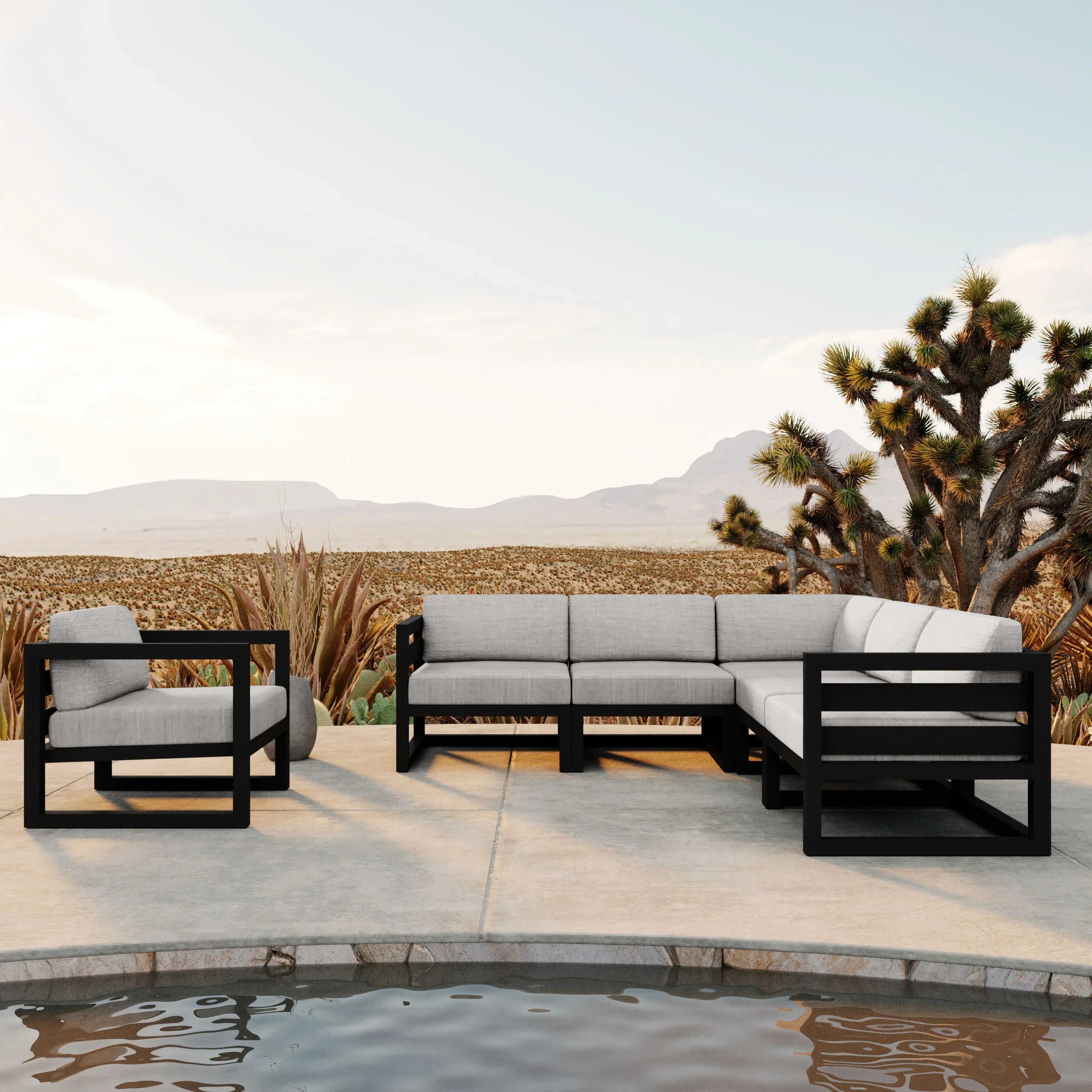 Avion 6 Piece Aluminum Sectional Set#Finish_Black#Fabric_Cast Silver