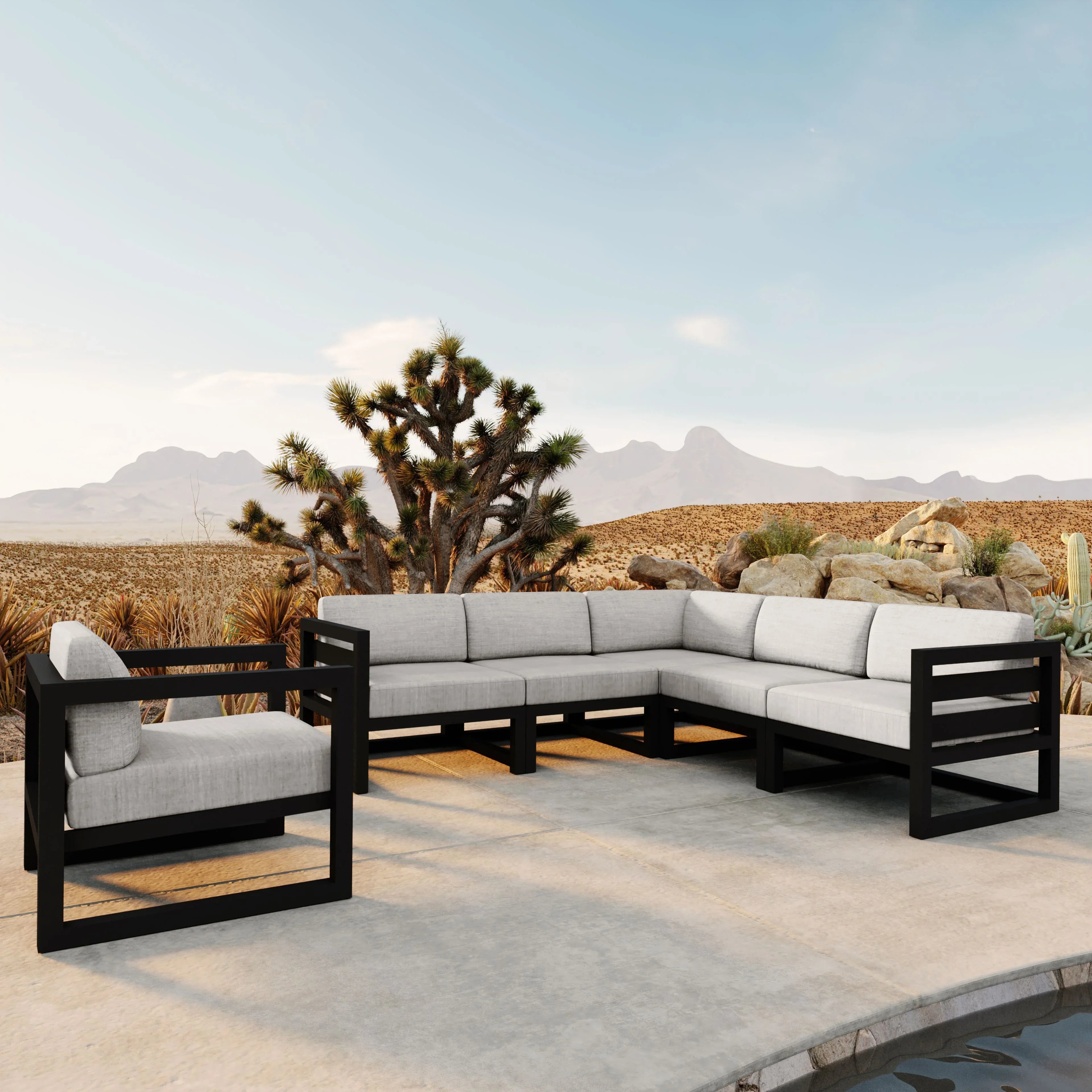 Avion 6 Piece Aluminum Sectional Set#Finish_Black#Fabric_Cast Silver