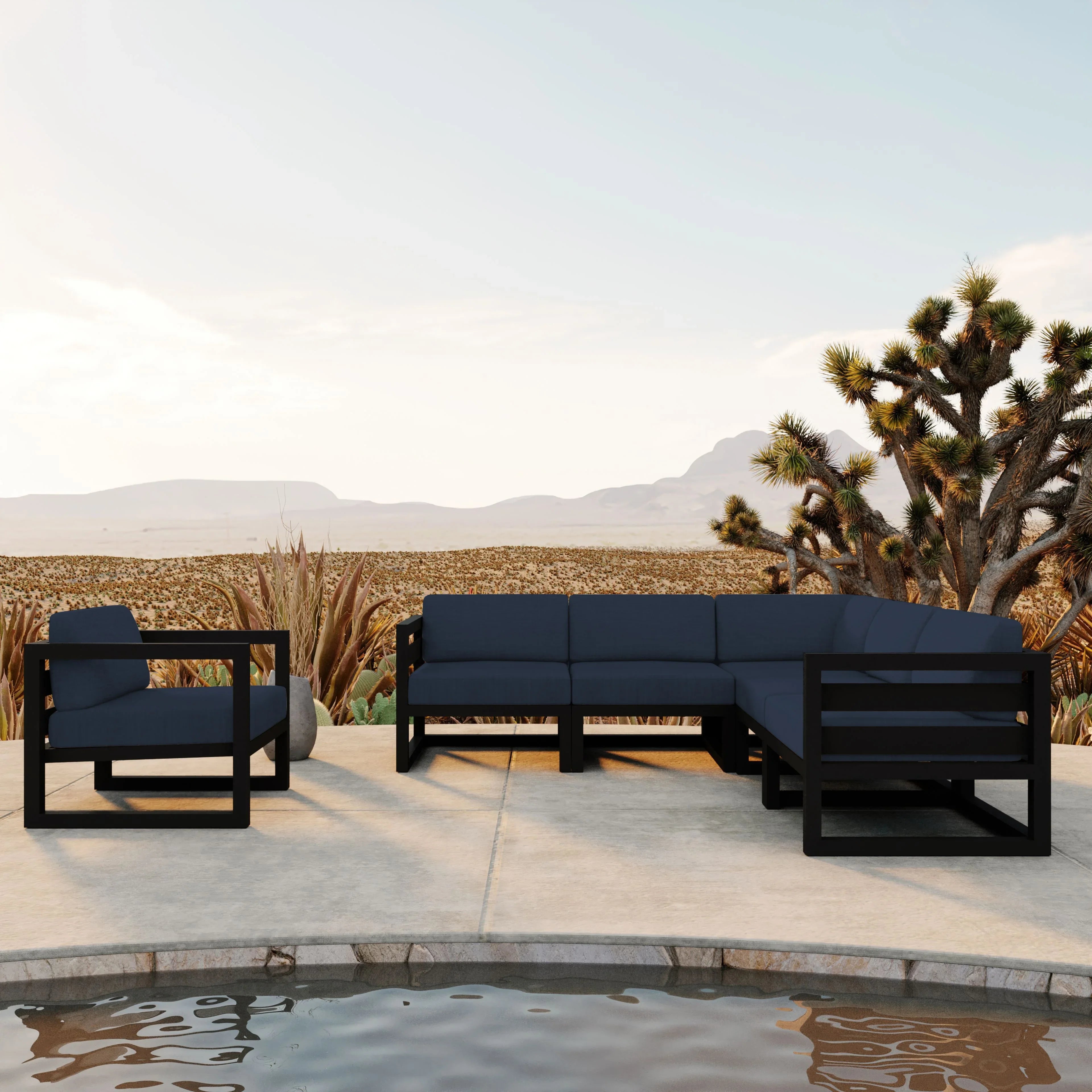 Avion 6 Piece Aluminum Sectional Set#Finish_Black#Fabric_Spectrum Indigo