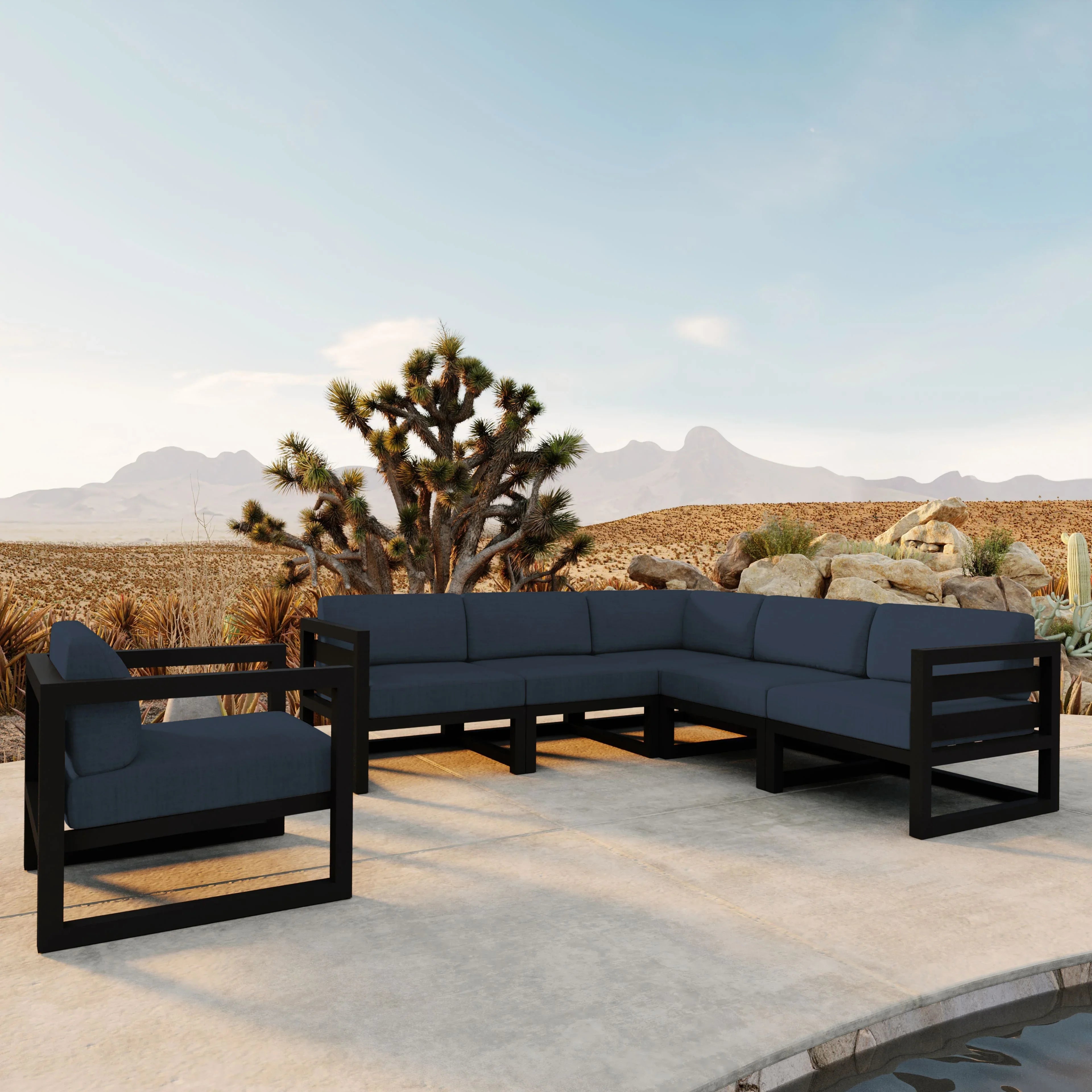 Avion 6 Piece Aluminum Sectional Set#Finish_Black#Fabric_Spectrum Indigo
