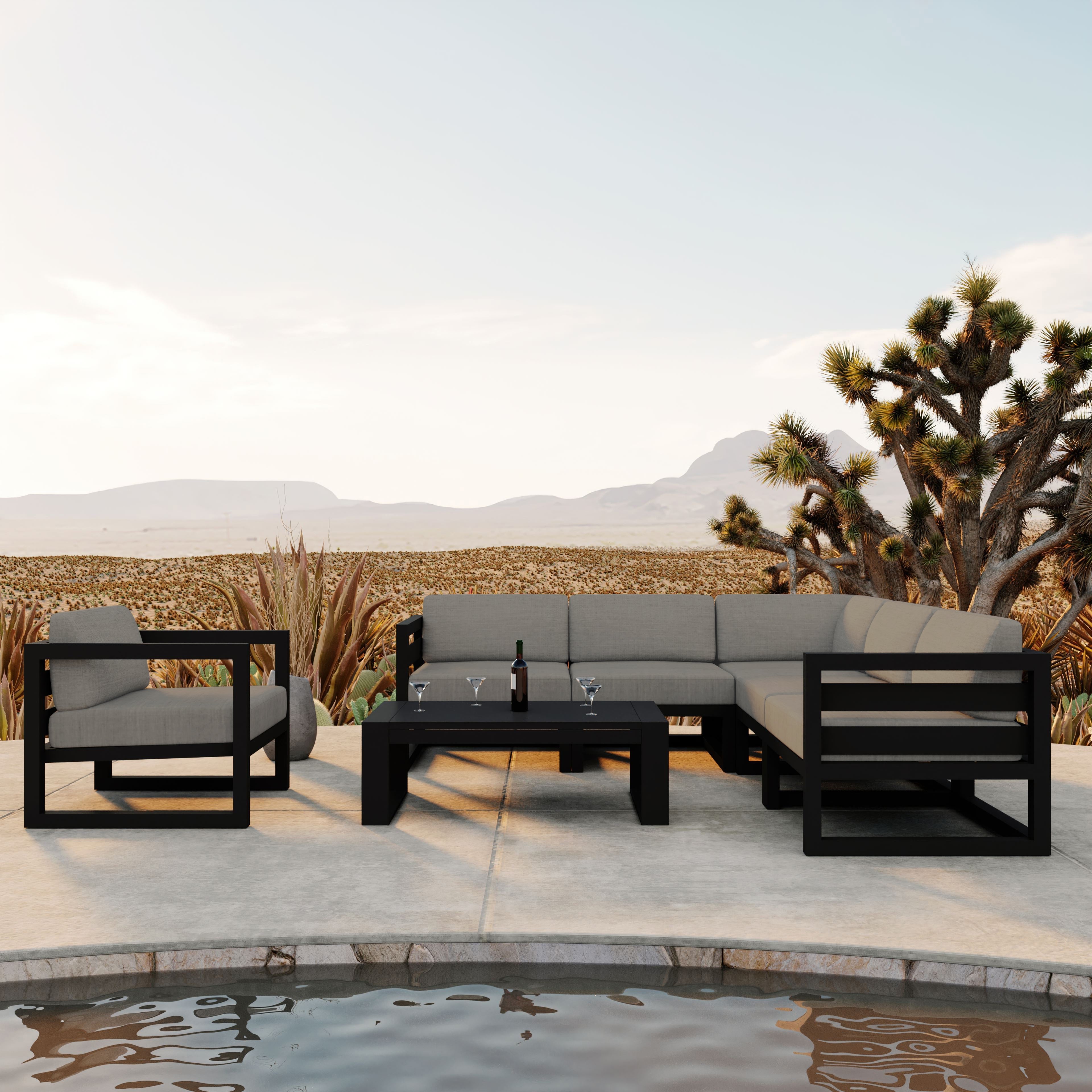 Avion 7 Piece Aluminum Sectional Set#Finish_Black#Fabric_Canvas Charcoal