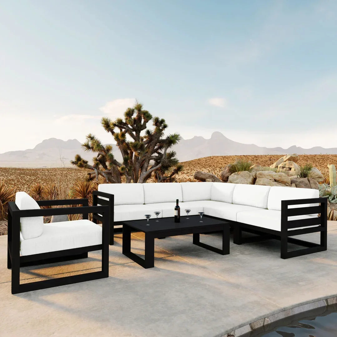 Avion 7 Piece Aluminum Sectional Set#Finish_Black#Fabric_Canvas Natural