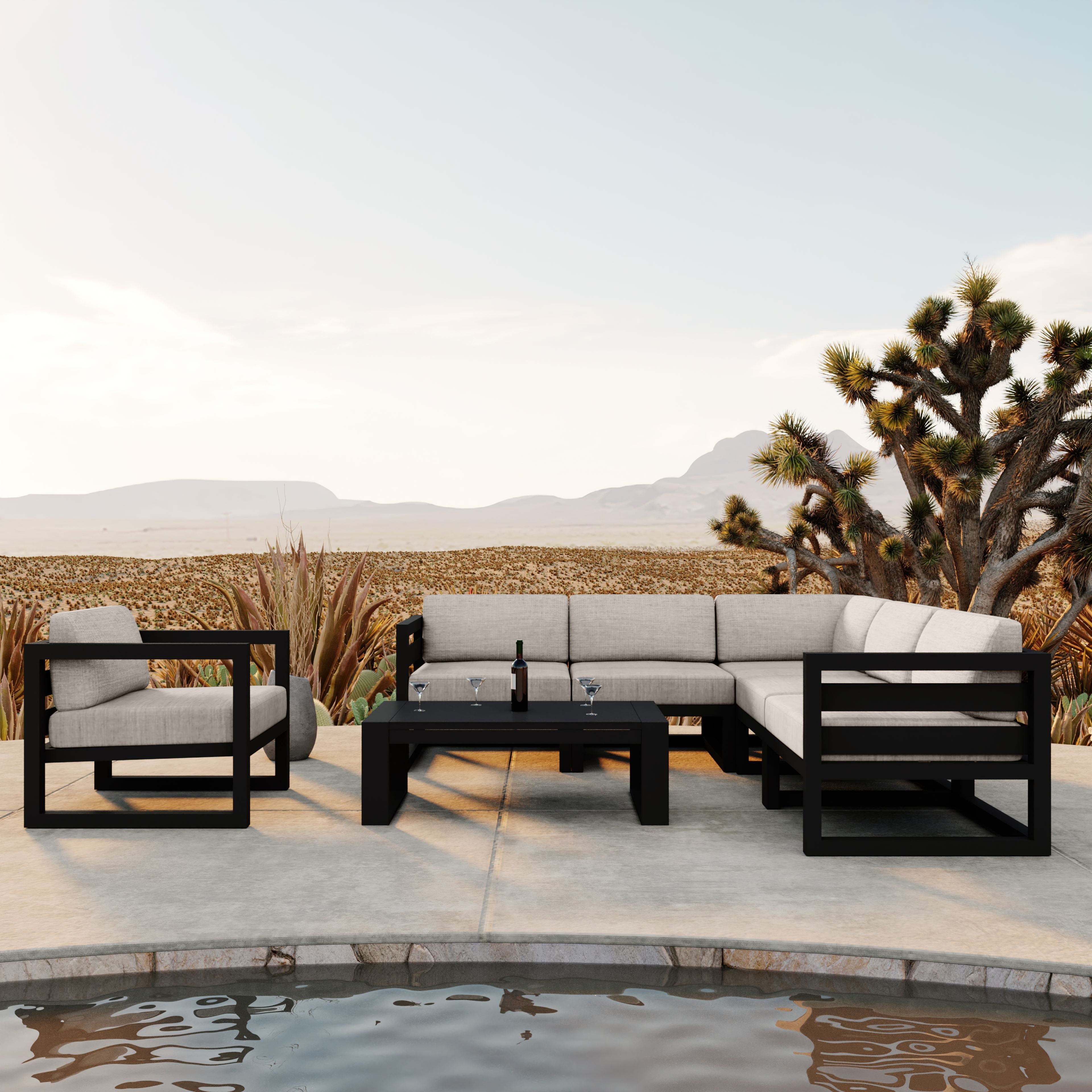 Avion 7 Piece Aluminum Sectional Set#Finish_Black#Fabric_Cast Silver