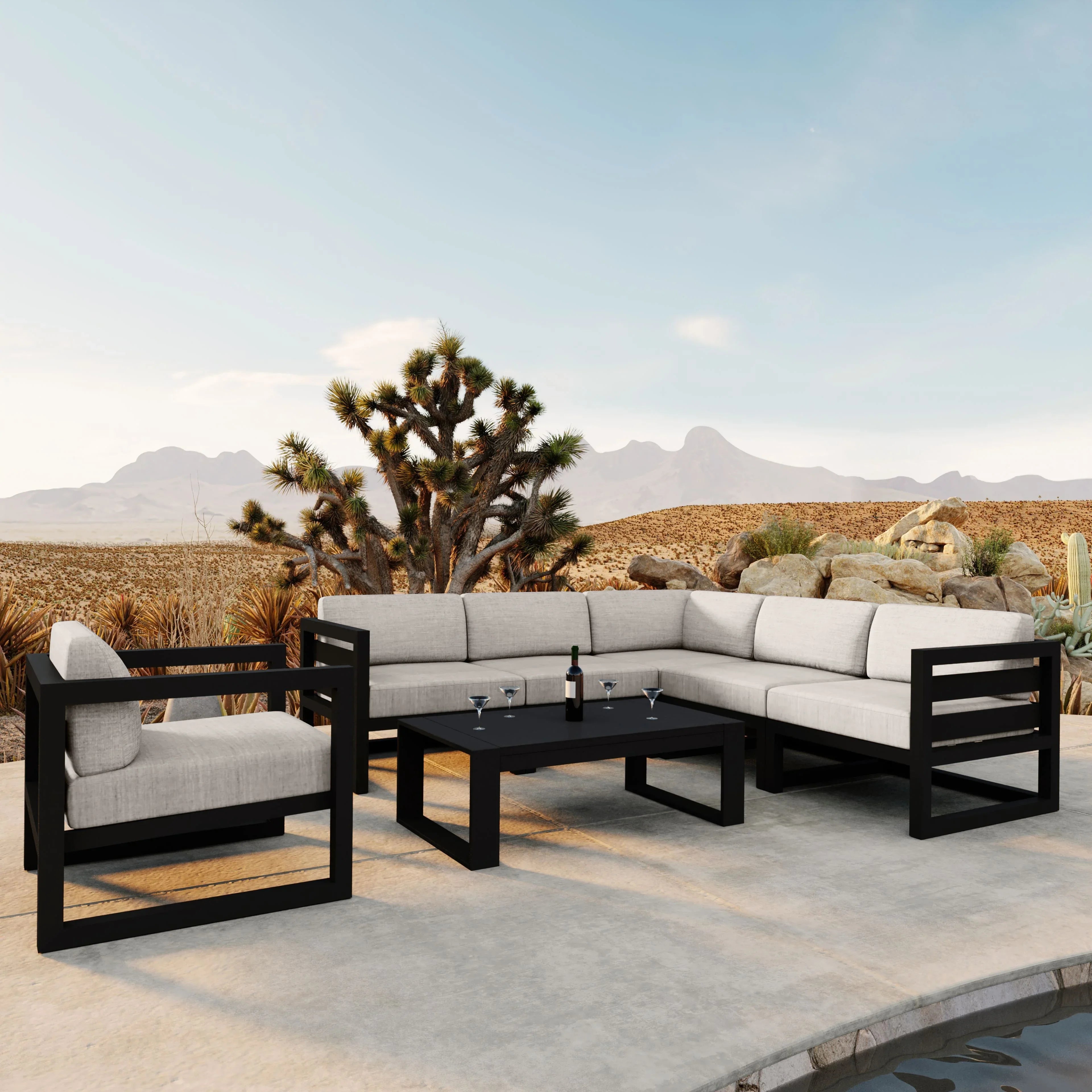 Avion 7 Piece Aluminum Sectional Set#Finish_Black#Fabric_Cast Silver