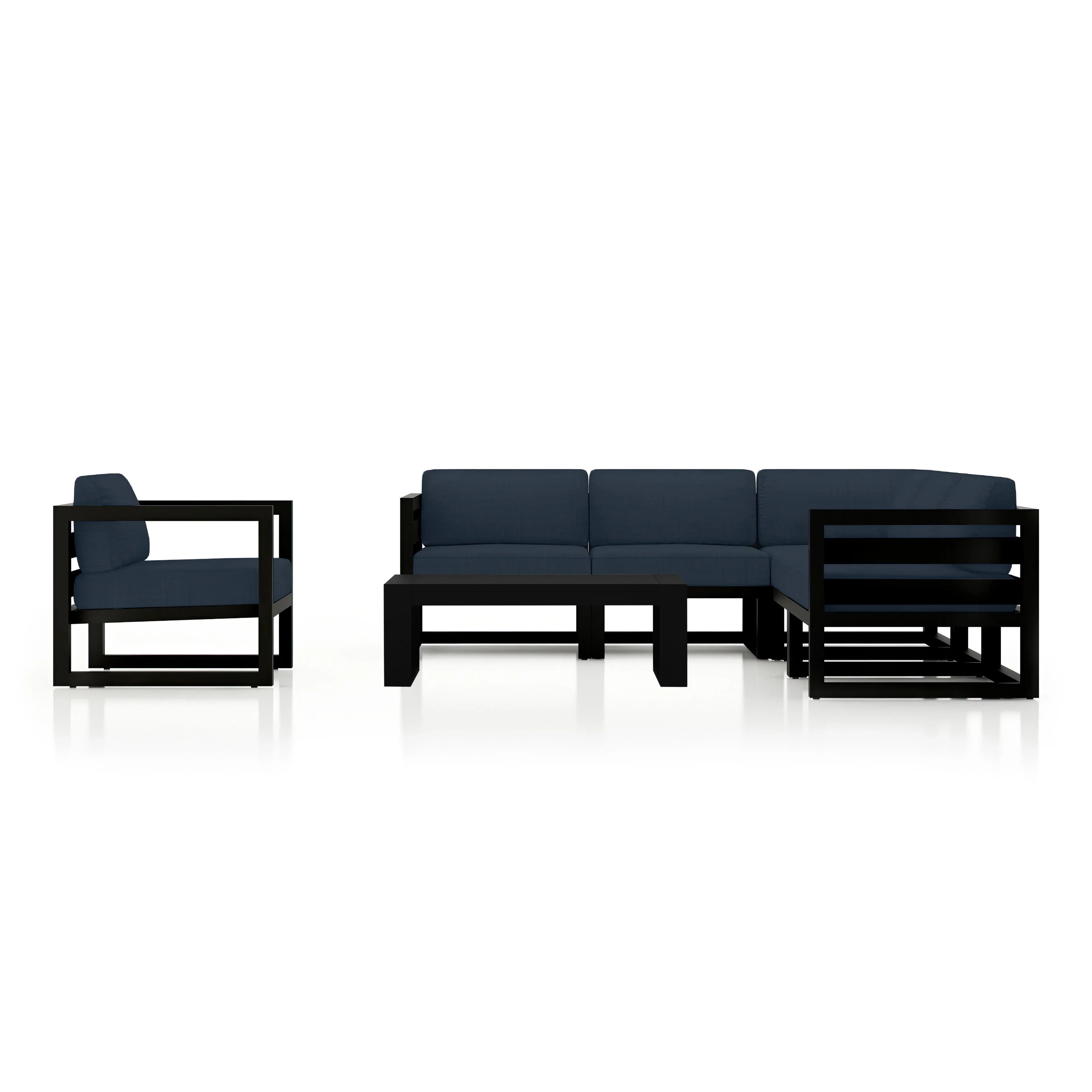 Avion 7 Piece Aluminum Sectional Set#Finish_Black#Fabric_Spectrum Indigo