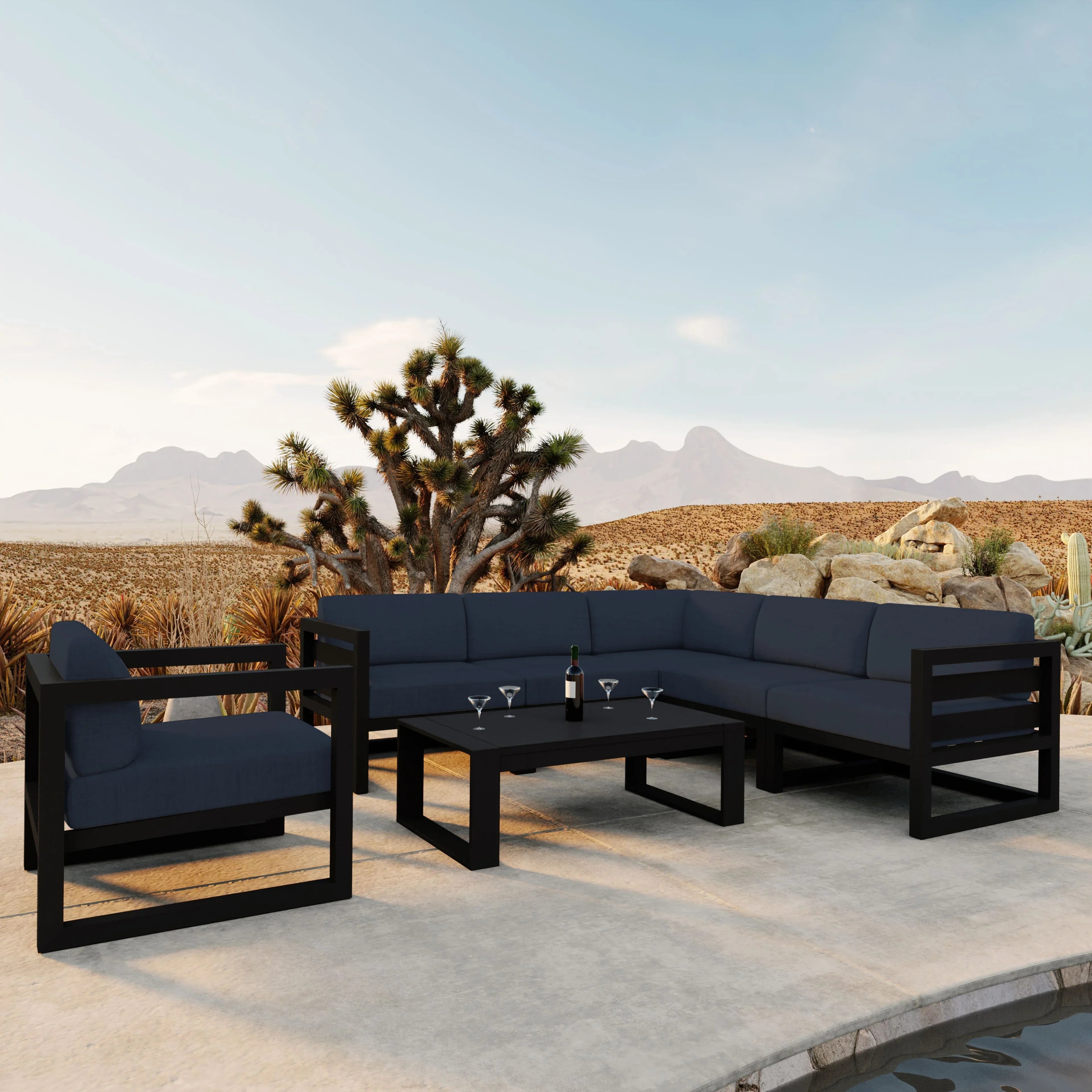 Avion 7 Piece Aluminum Sectional Set#Finish_Black#Fabric_Spectrum Indigo