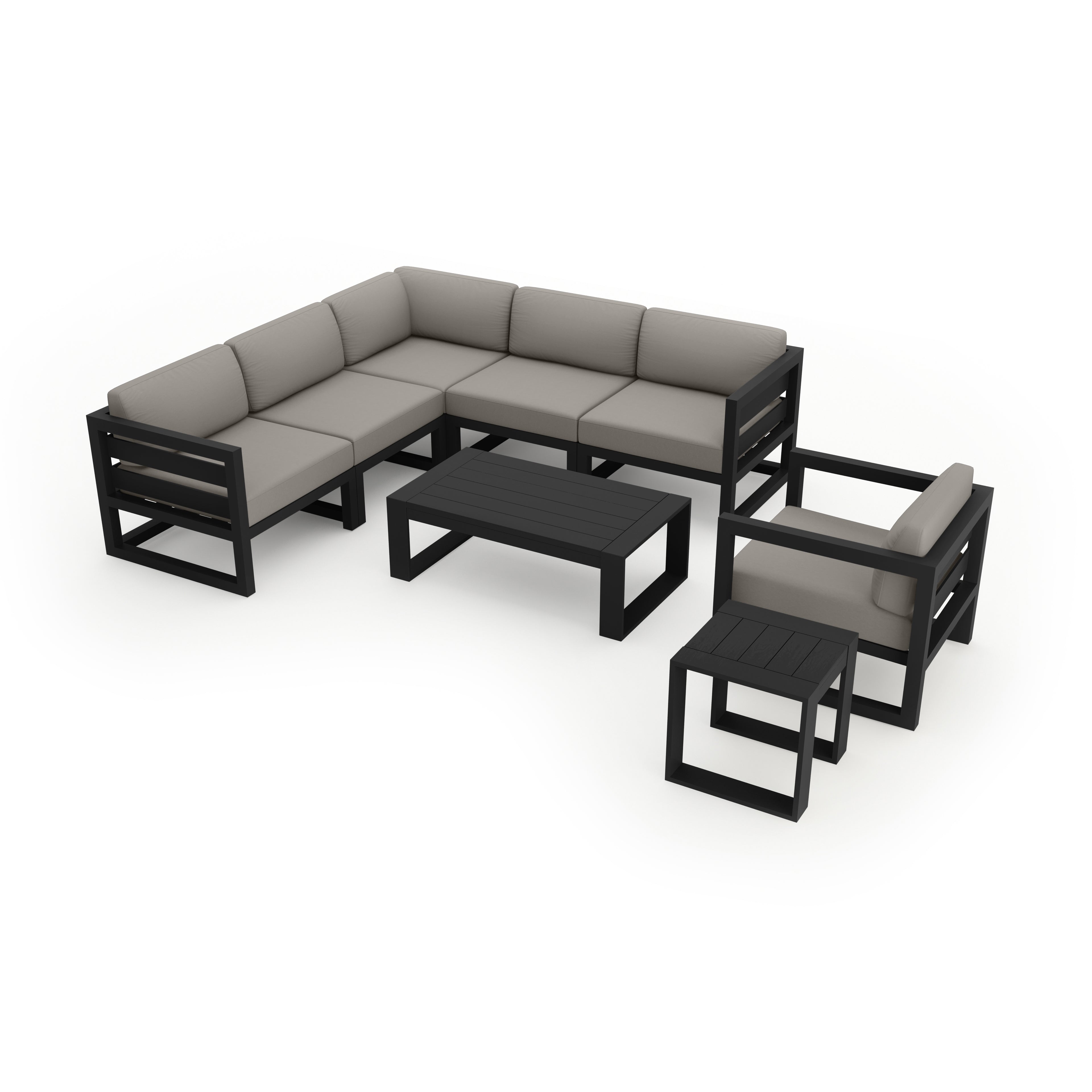 Avion 8 Piece Aluminum Sectional Set#Finish_Black#Fabric_Canvas Charcoal