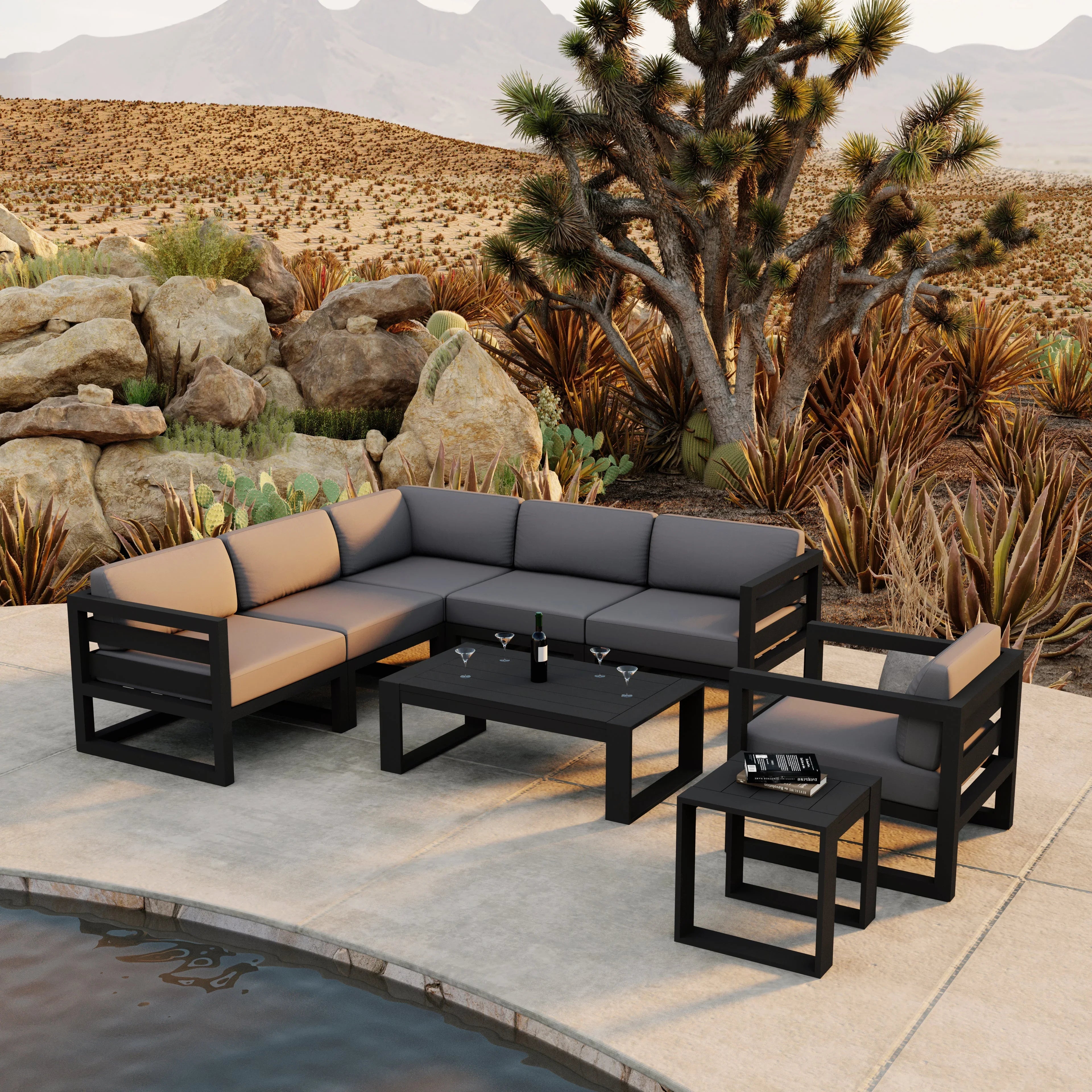 Avion 8 Piece Aluminum Sectional Set#Finish_Black#Fabric_Canvas Charcoal