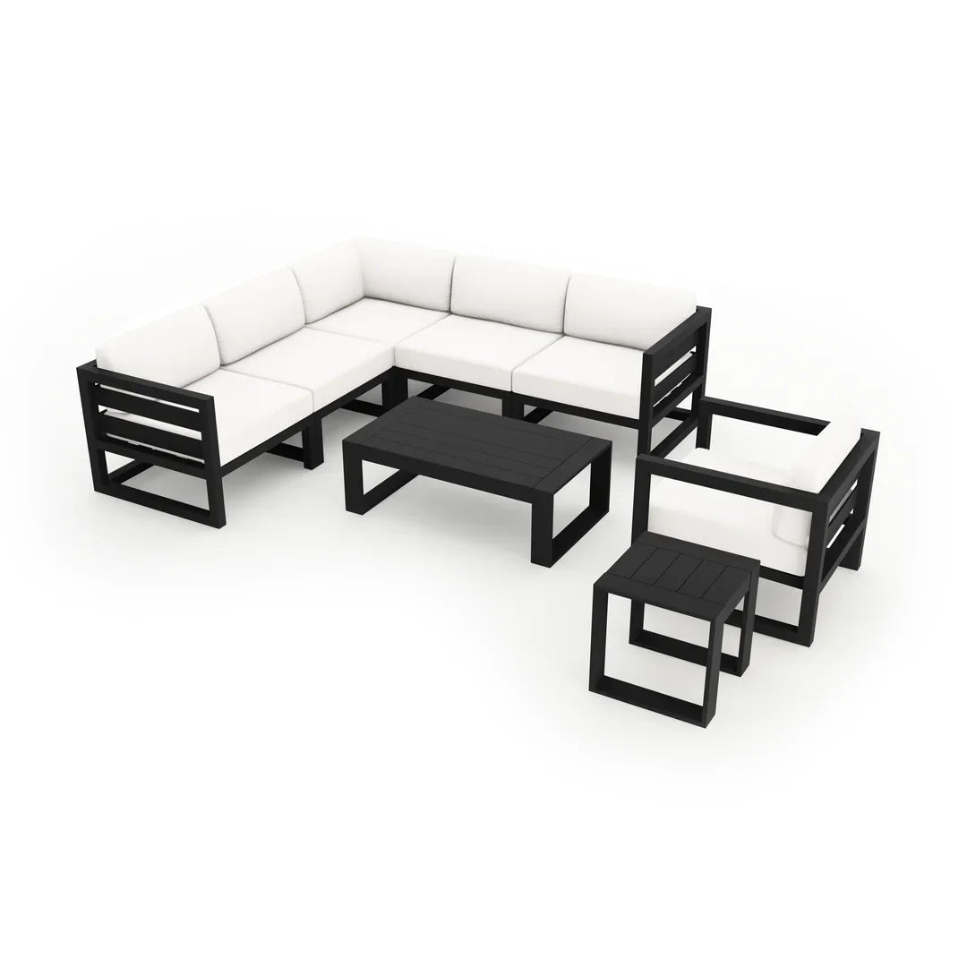 Avion 8 Piece Aluminum Sectional Set#Finish_Black#Fabric_Canvas Natural