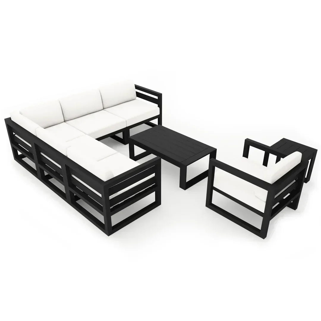 Avion 8 Piece Aluminum Sectional Set#Finish_Black#Fabric_Canvas Natural