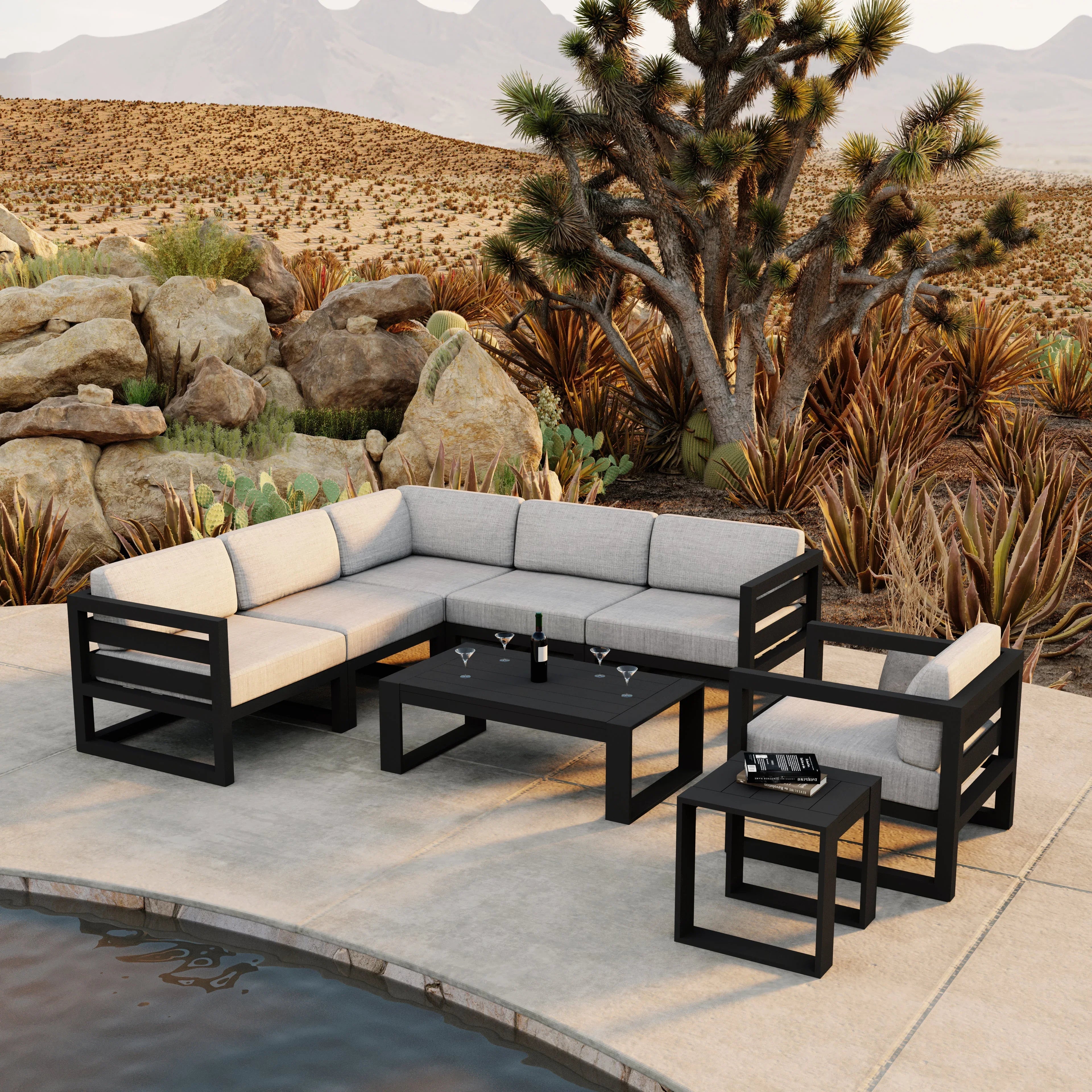 Avion 8 Piece Aluminum Sectional Set#Finish_Black#Fabric_Cast Silver