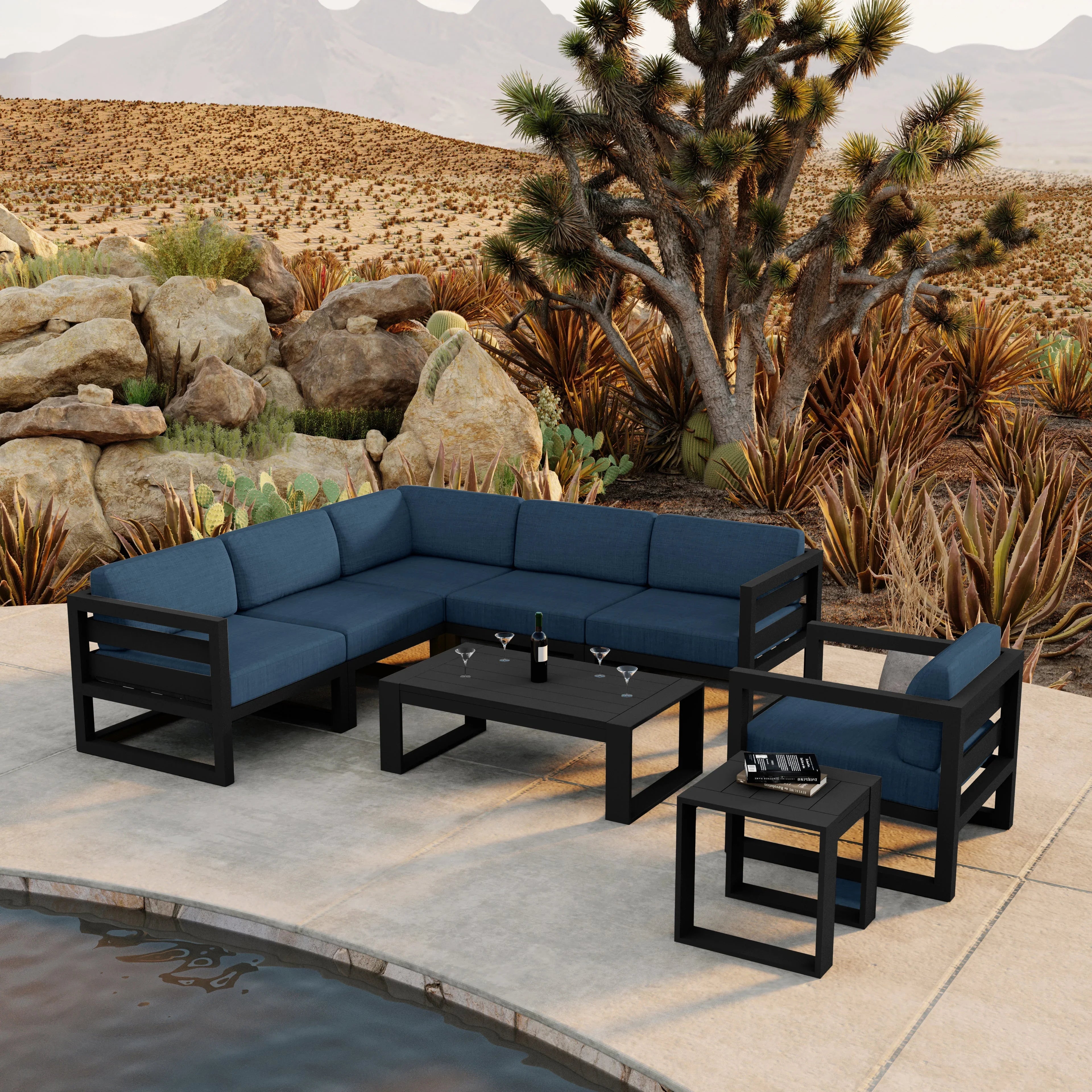 Avion 8 Piece Aluminum Sectional Set#Finish_Black#Fabric_Spectrum Indigo