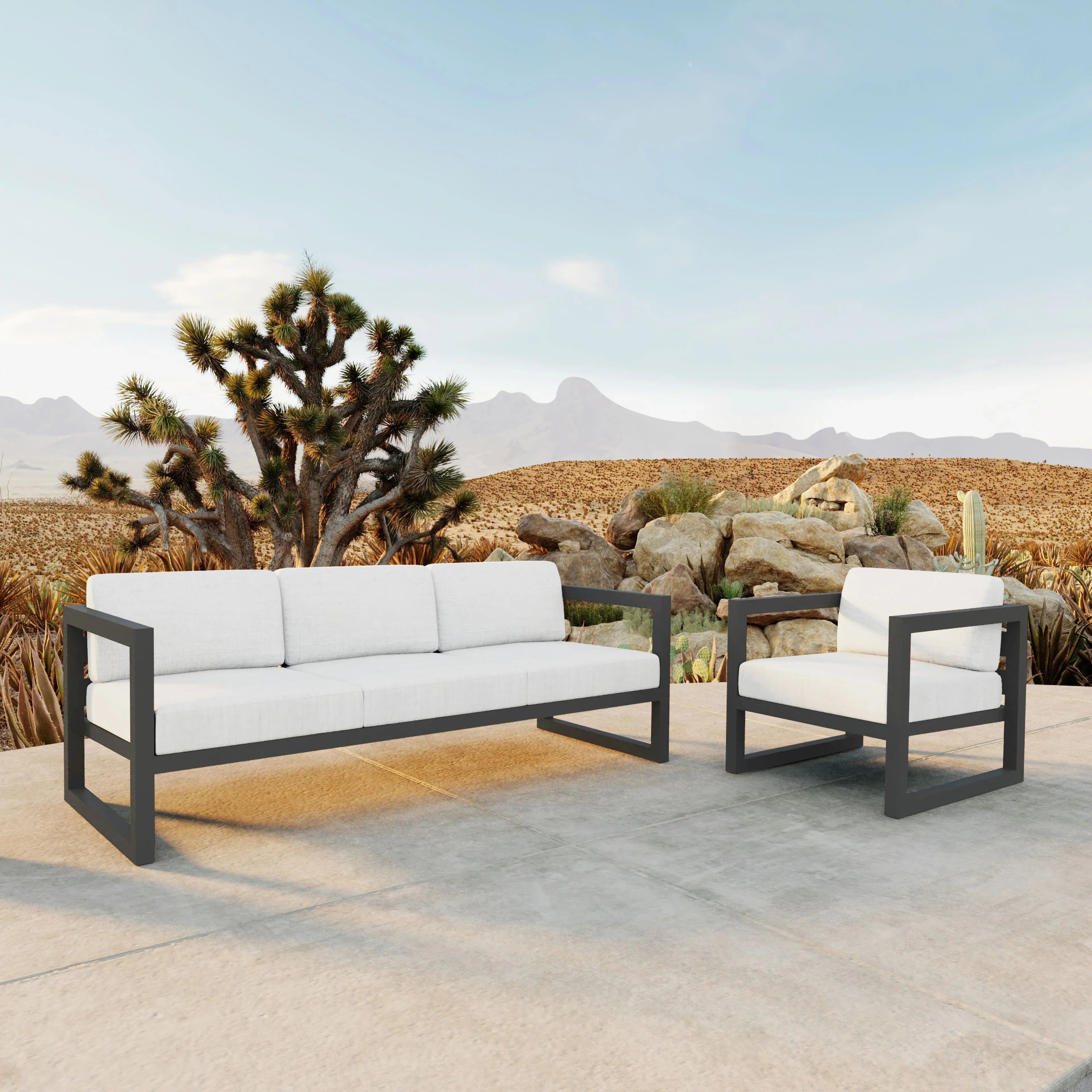 Avion 2 Piece Aluminum Sofa Set#Finish_Slate#Fabric_Canvas Natural