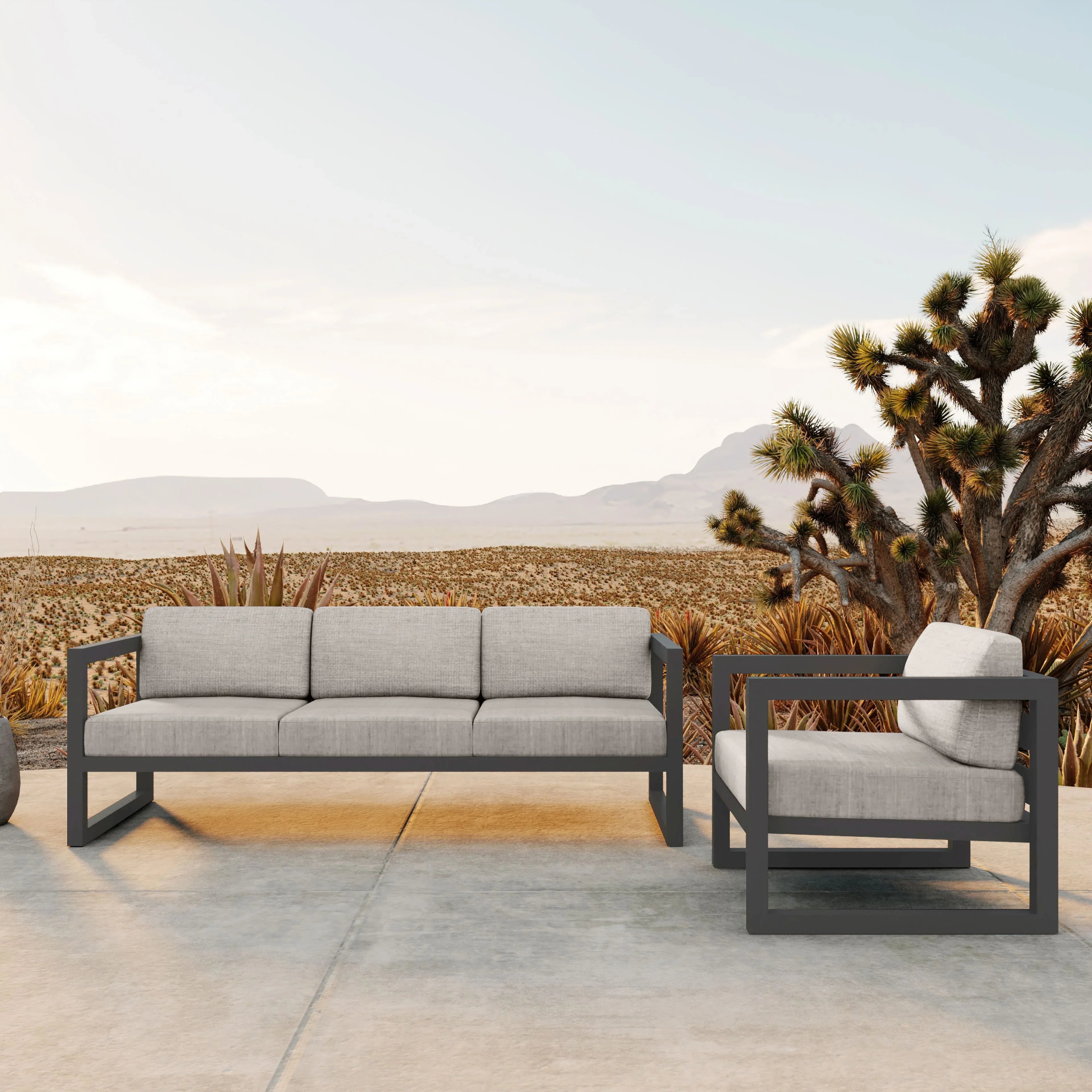 Avion 2 Piece Aluminum Sofa Set#Finish_Slate#Fabric_Cast Silver