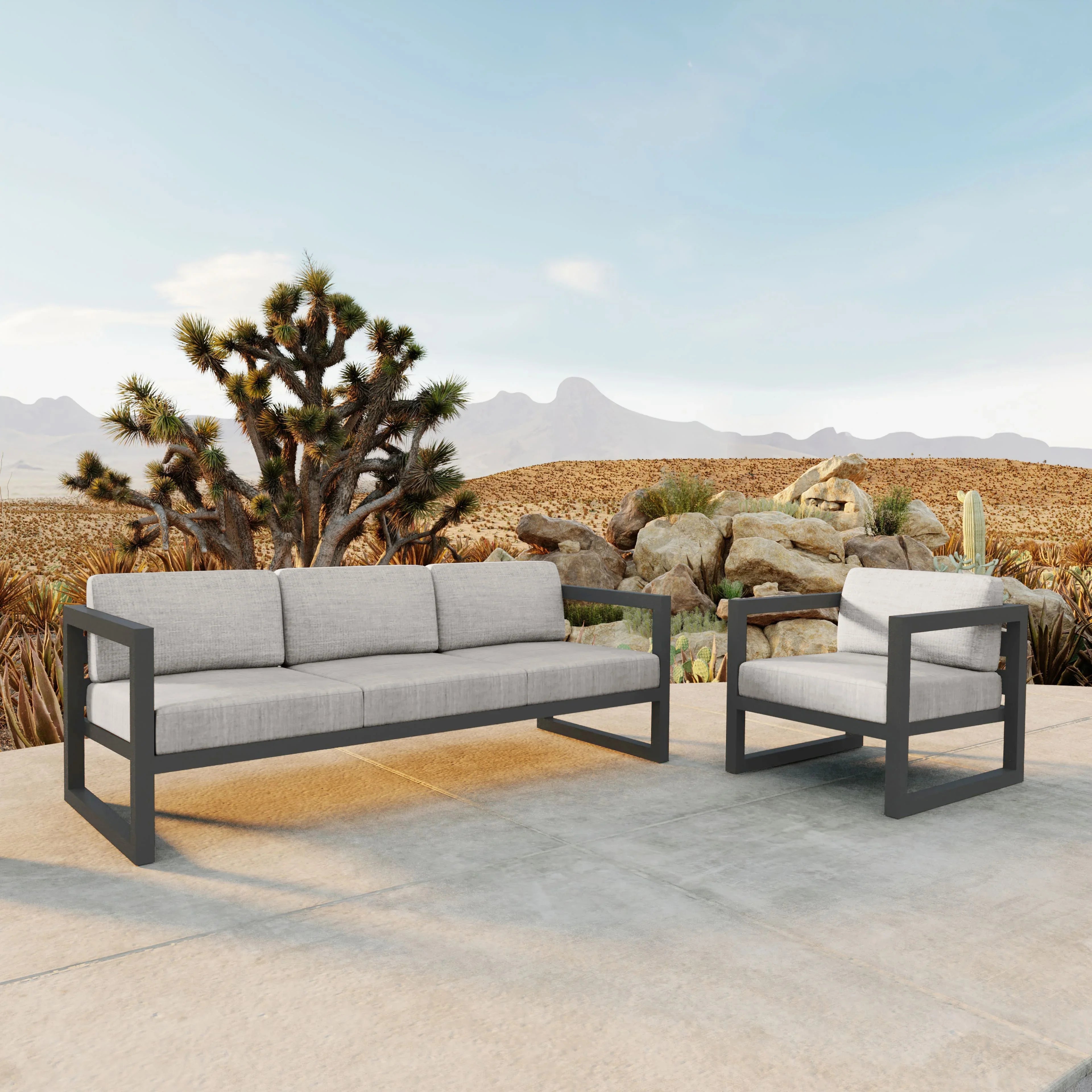 Avion 2 Piece Aluminum Sofa Set#Finish_Slate#Fabric_Cast Silver