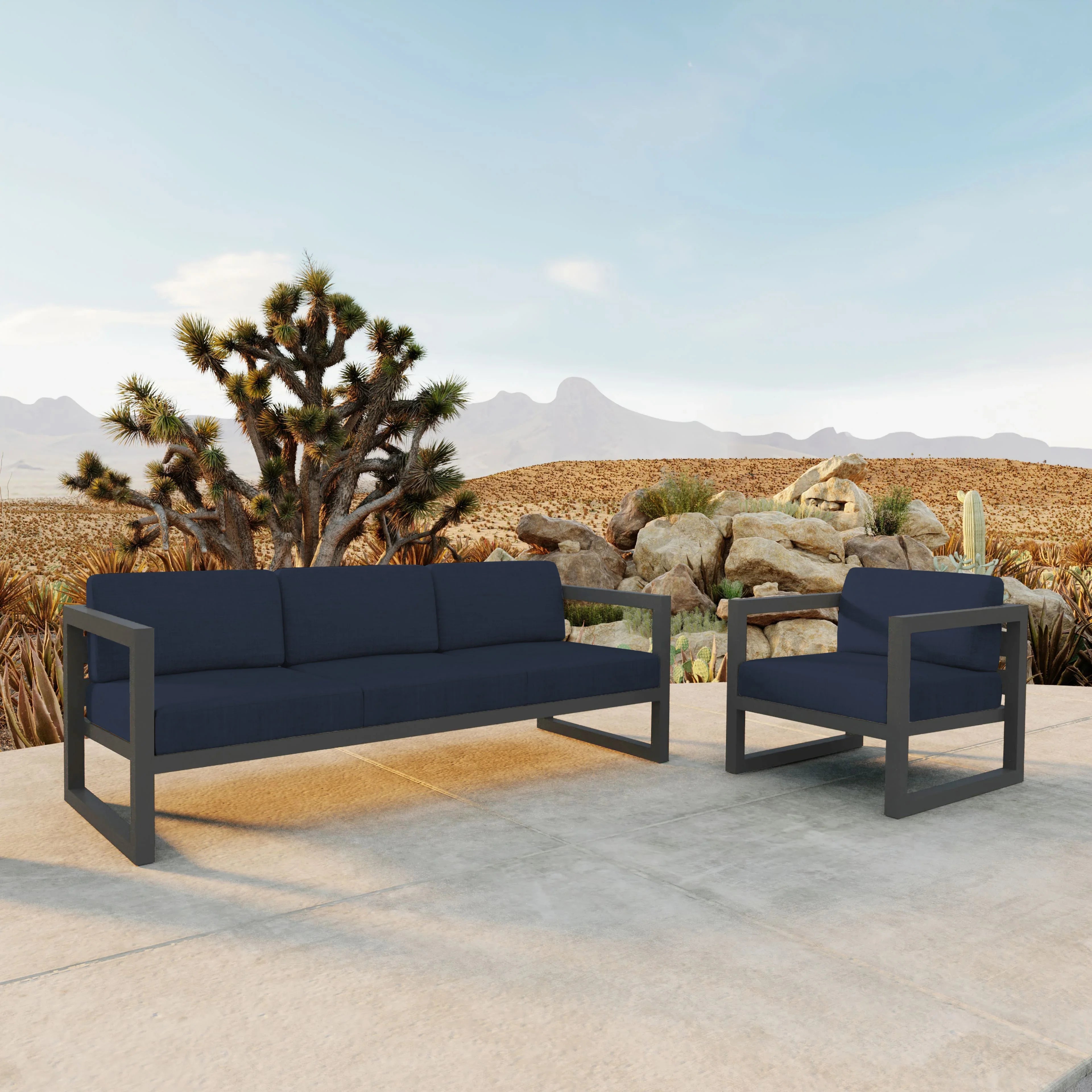 Avion 2 Piece Aluminum Sofa Set#Finish_Slate#Fabric_Spectrum Indigo