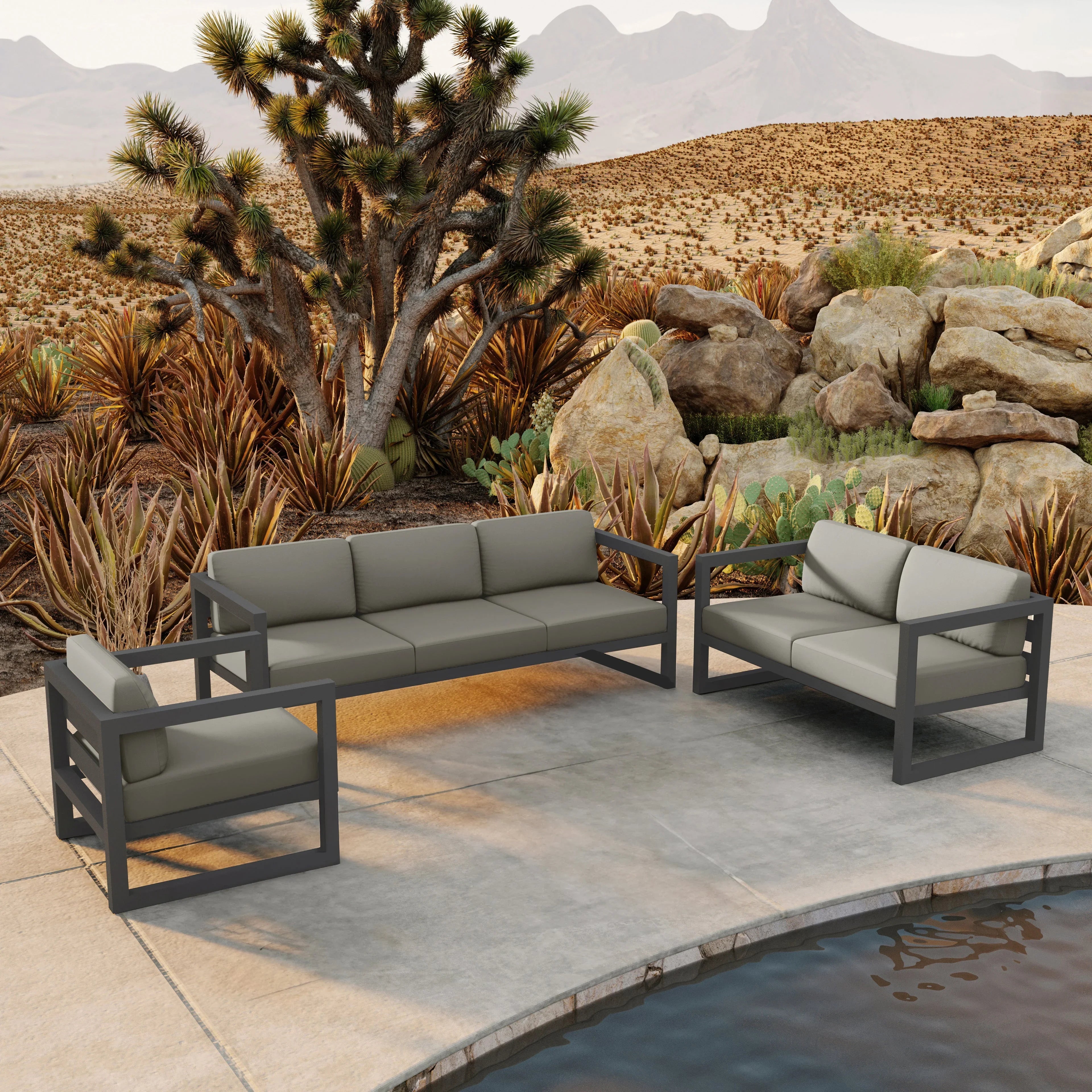 Avion 3 Piece Aluminum Sofa Loveseat Set#Finish_Slate#Fabric_Canvas Charcoal
