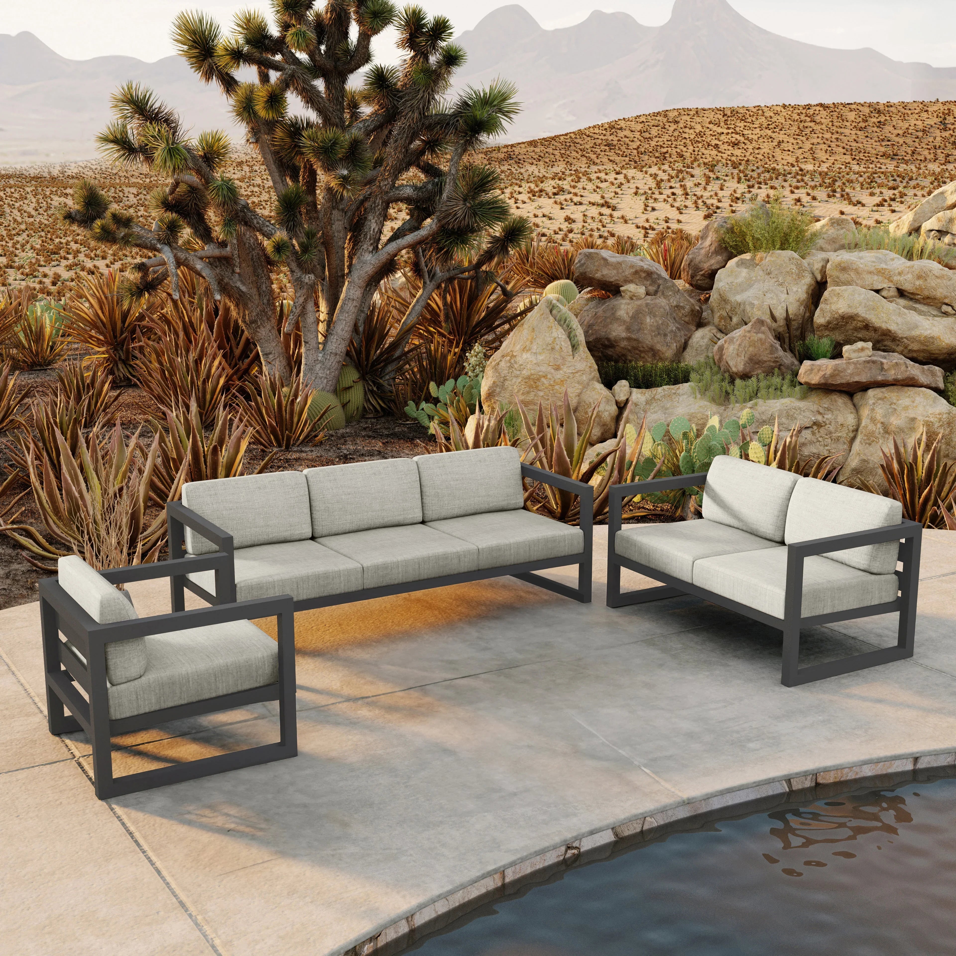 Avion 3 Piece Aluminum Sofa Loveseat Set#Finish_Slate#Fabric_Cast Silver