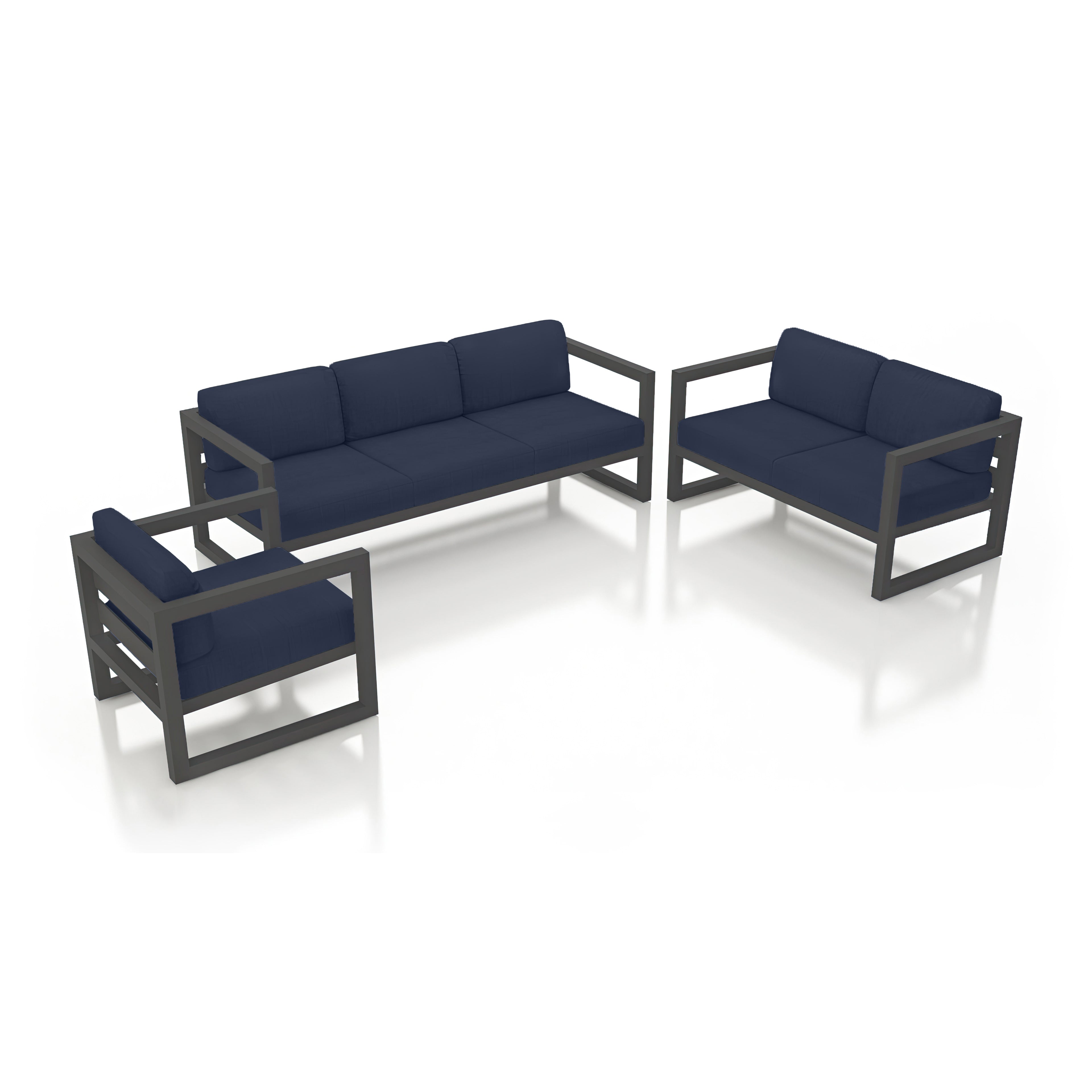 Avion 3 Piece Aluminum Sofa Loveseat Set#Finish_Slate#Fabric_Spectrum Indigo