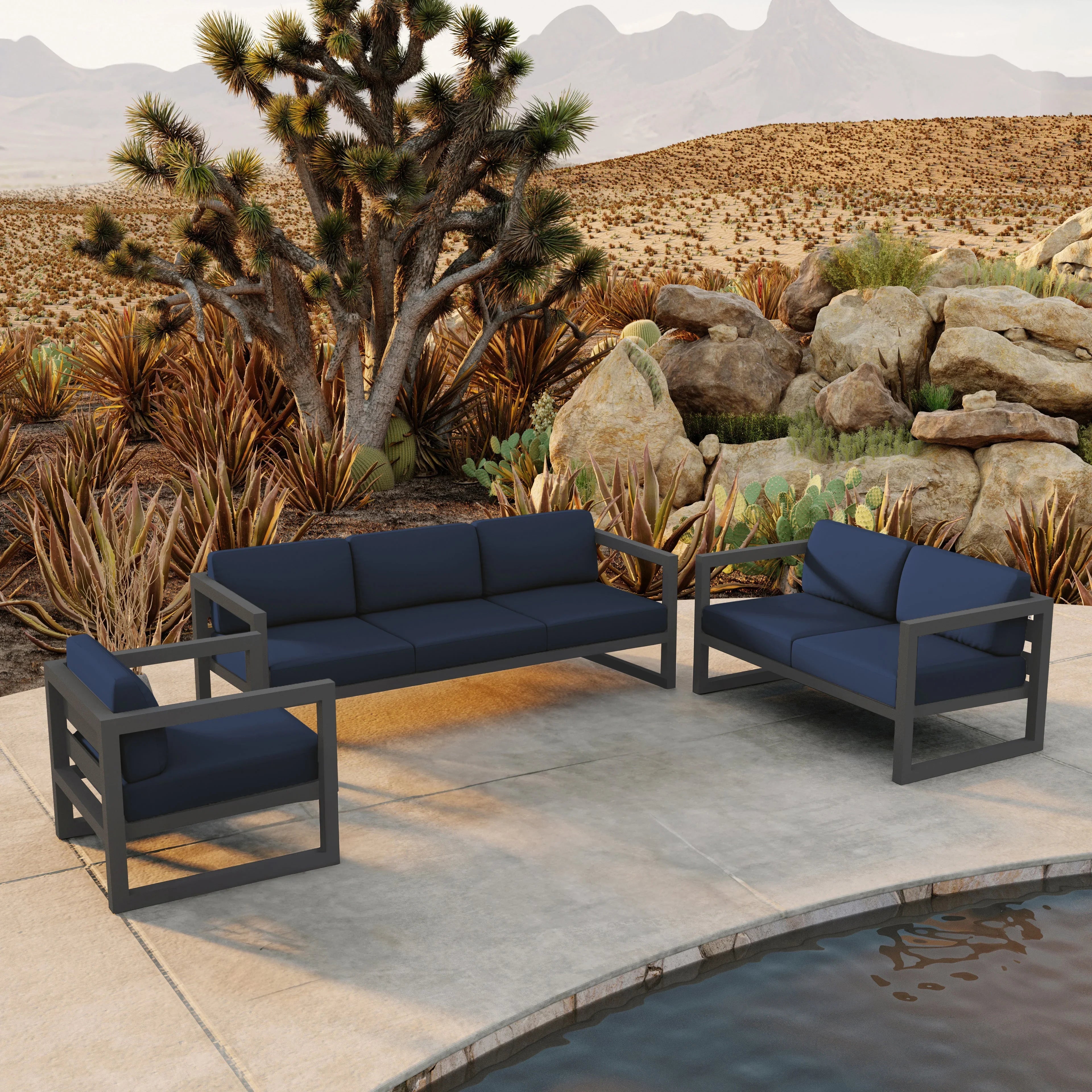 Avion 3 Piece Aluminum Sofa Loveseat Set#Finish_Slate#Fabric_Spectrum Indigo