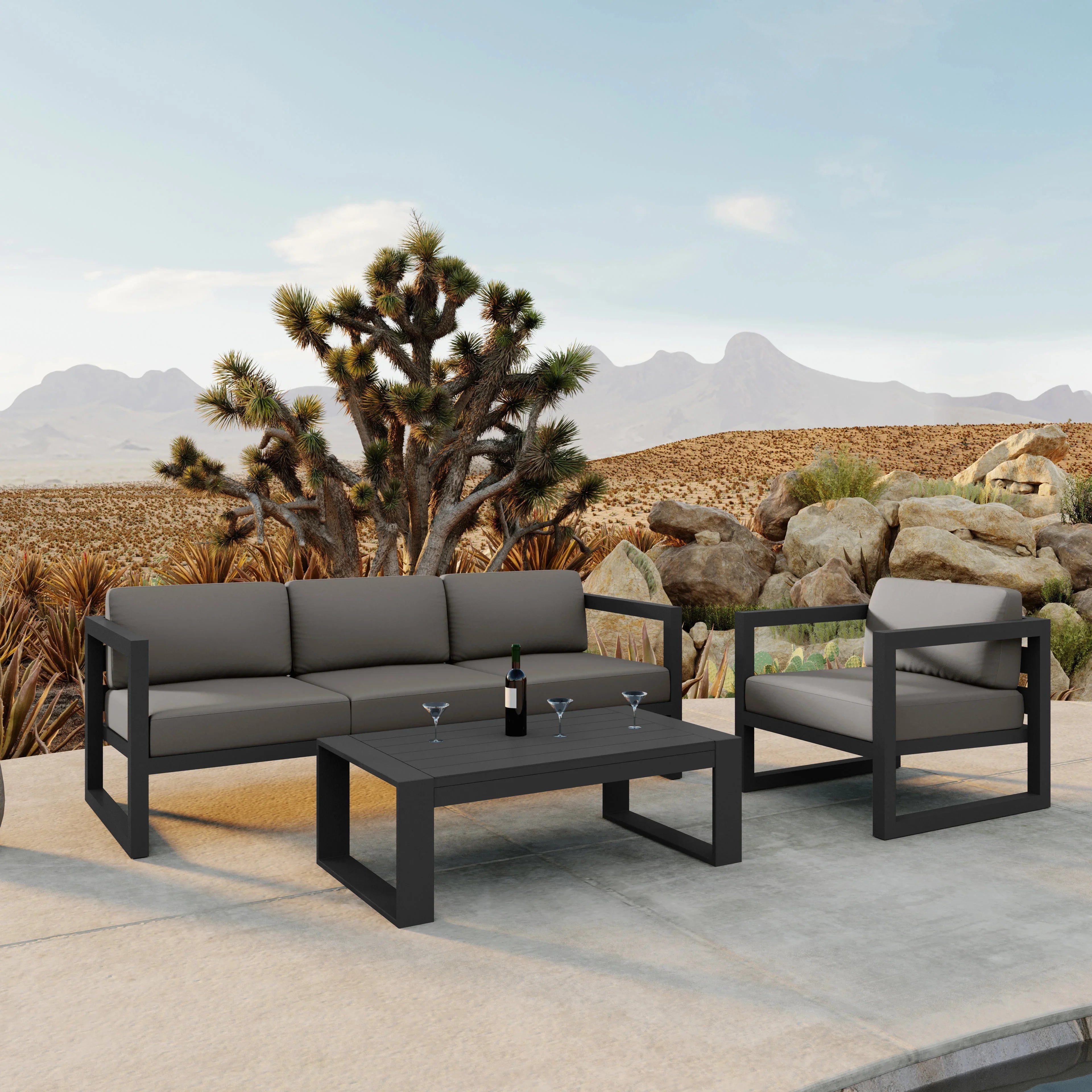 Avion 3 Piece Aluminum Sofa Set#Finish_Slate#Fabric_Canvas Charcoal