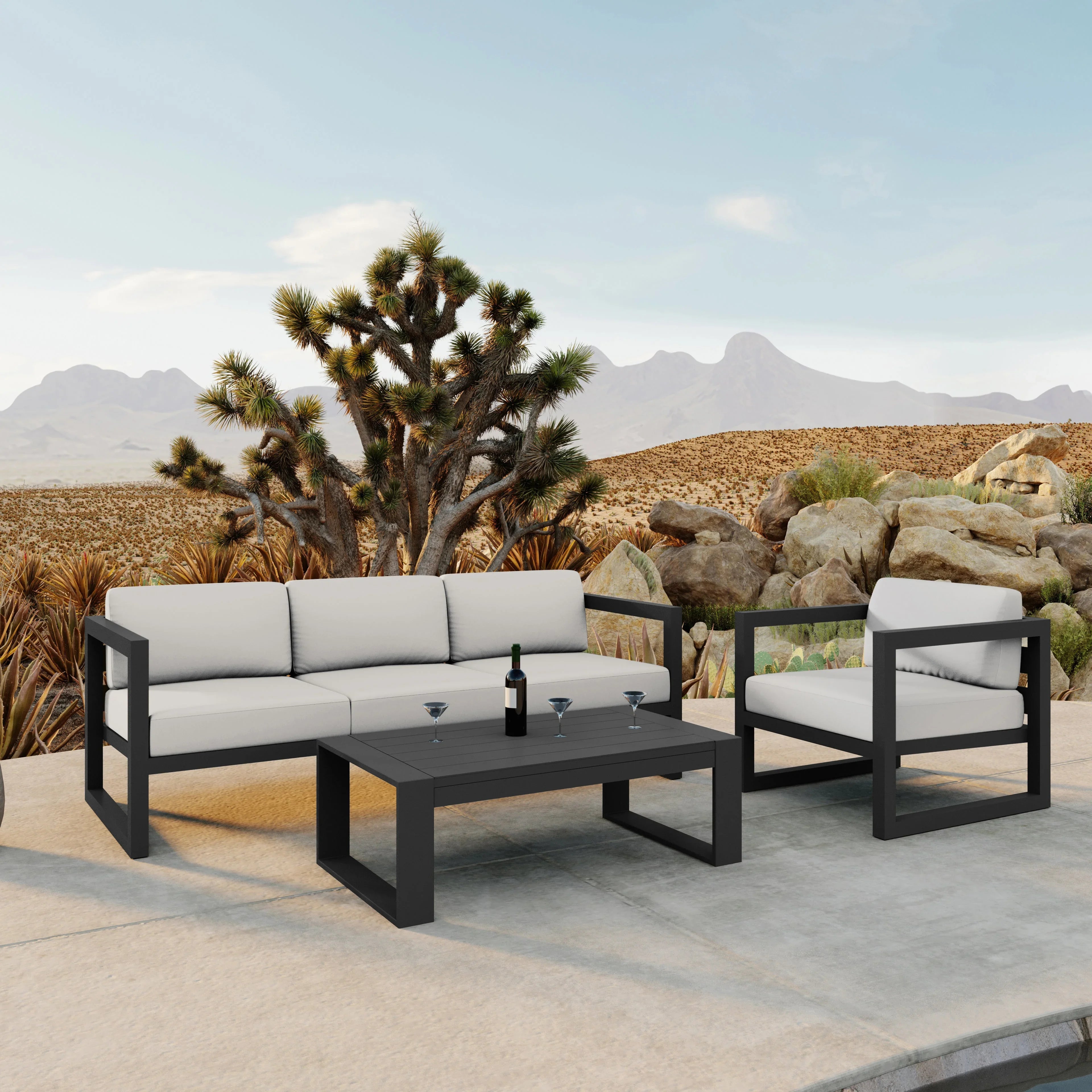 Avion 3 Piece Aluminum Sofa Set#Finish_Slate#Fabric_Canvas Natural