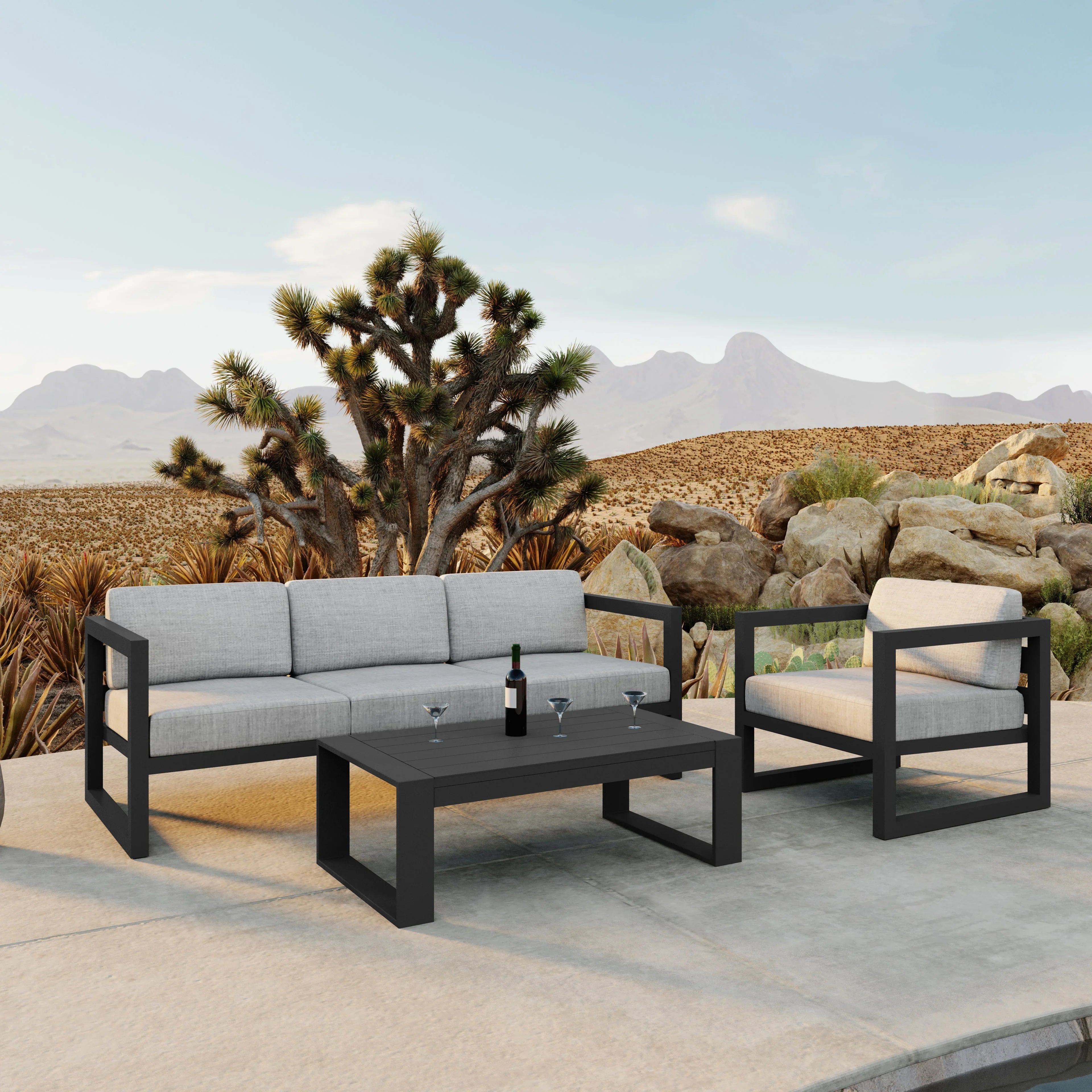 Avion 3 Piece Aluminum Sofa Set#Finish_Slate#Fabric_Cast Silver