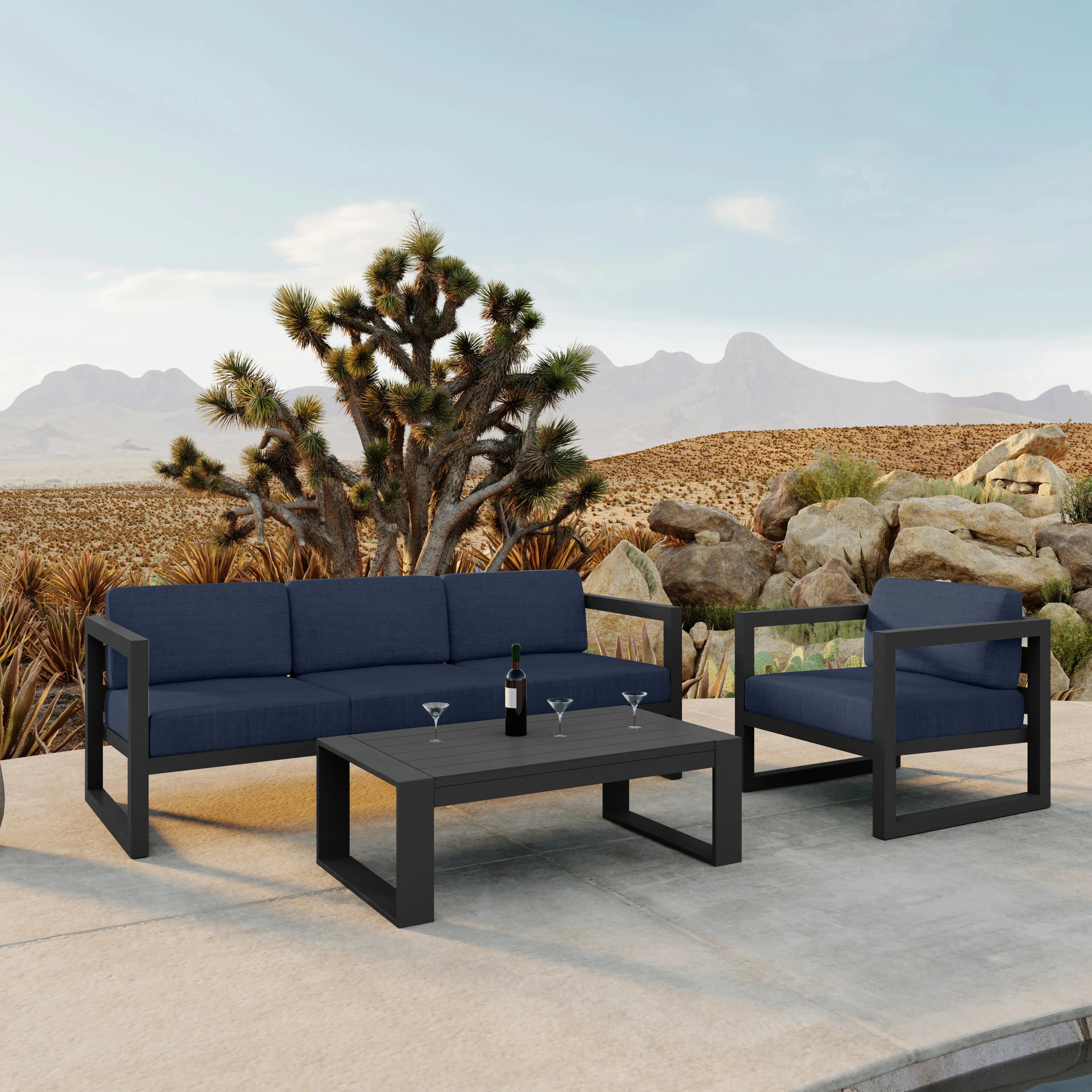 Avion 3 Piece Aluminum Sofa Set#Finish_Slate#Fabric_Spectrum Indigo