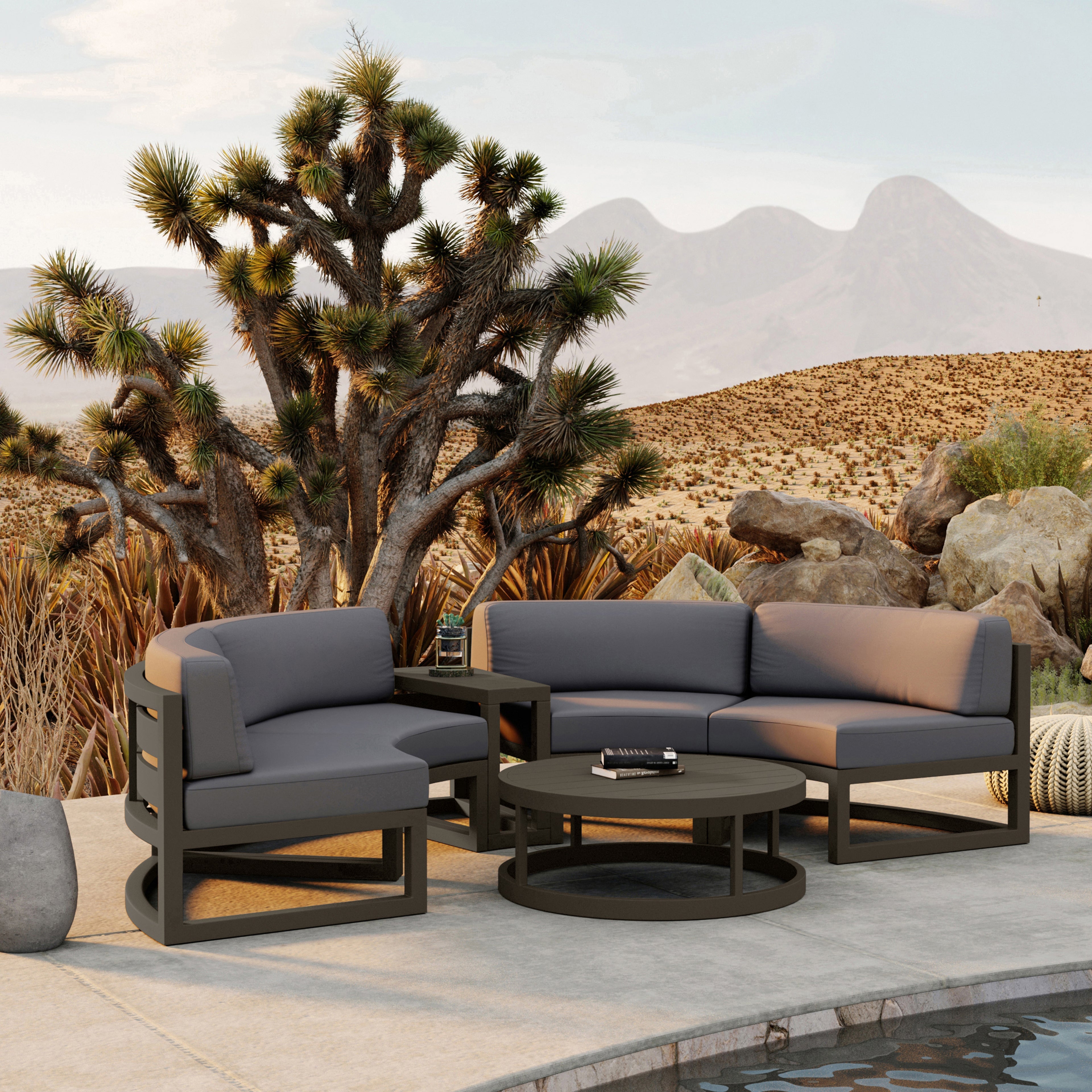 Avion 4 Piece Aluminum Curve Sectional Set#Finish_Slate#Fabric_Canvas Charcoal