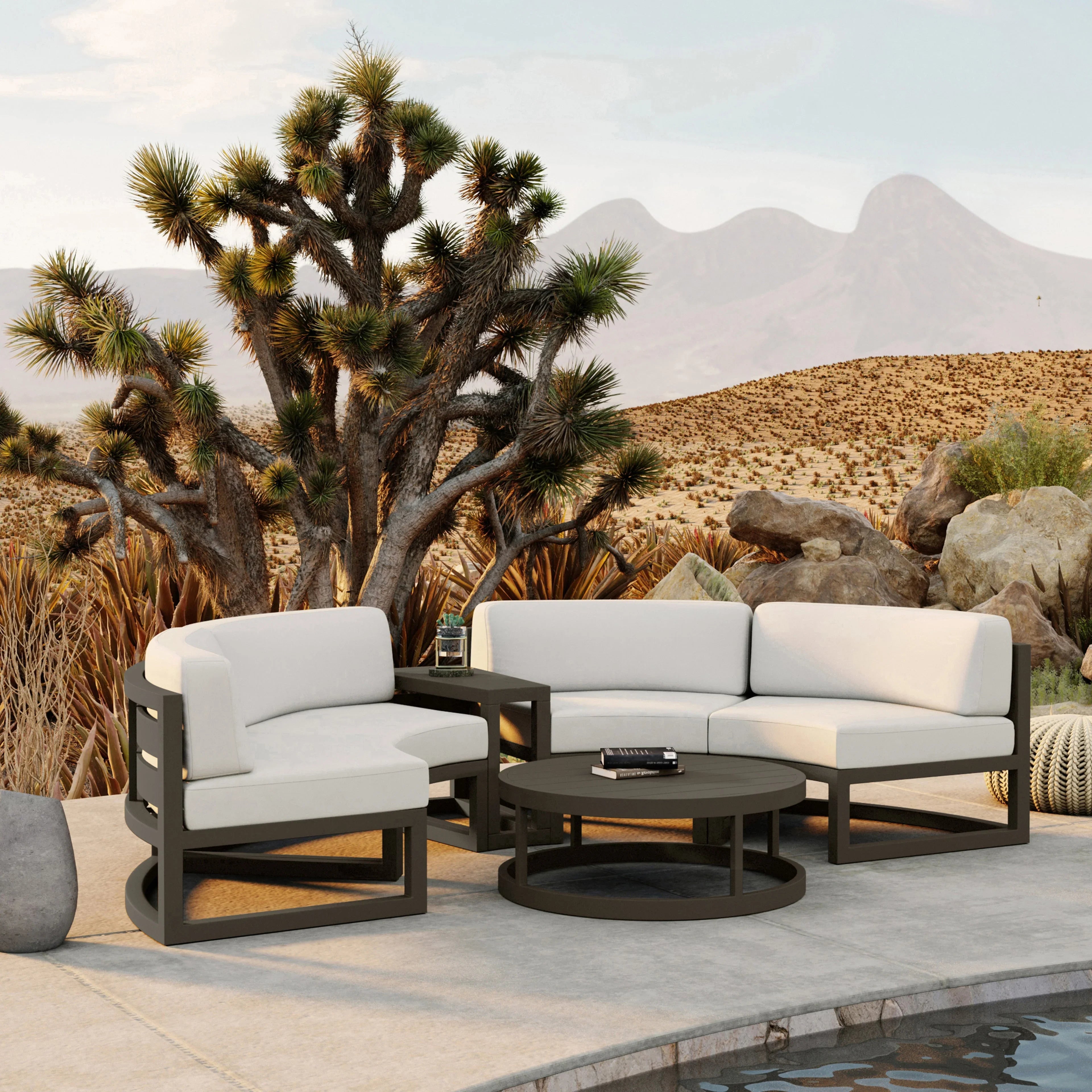 Avion 4 Piece Aluminum Curve Sectional Set#Finish_Slate#Fabric_Canvas Natural