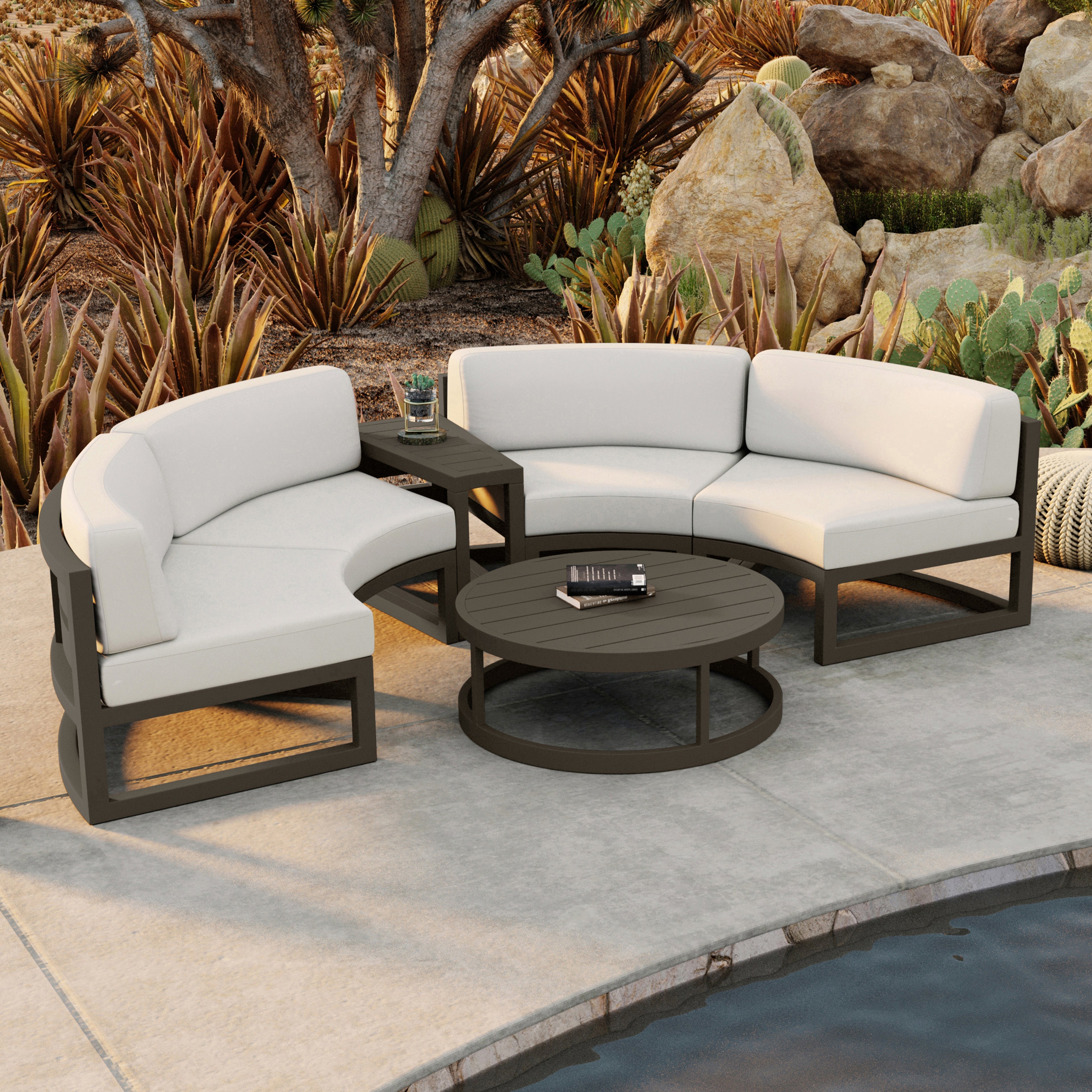 Avion 4 Piece Aluminum Curve Sectional Set#Finish_Slate#Fabric_Canvas Natural