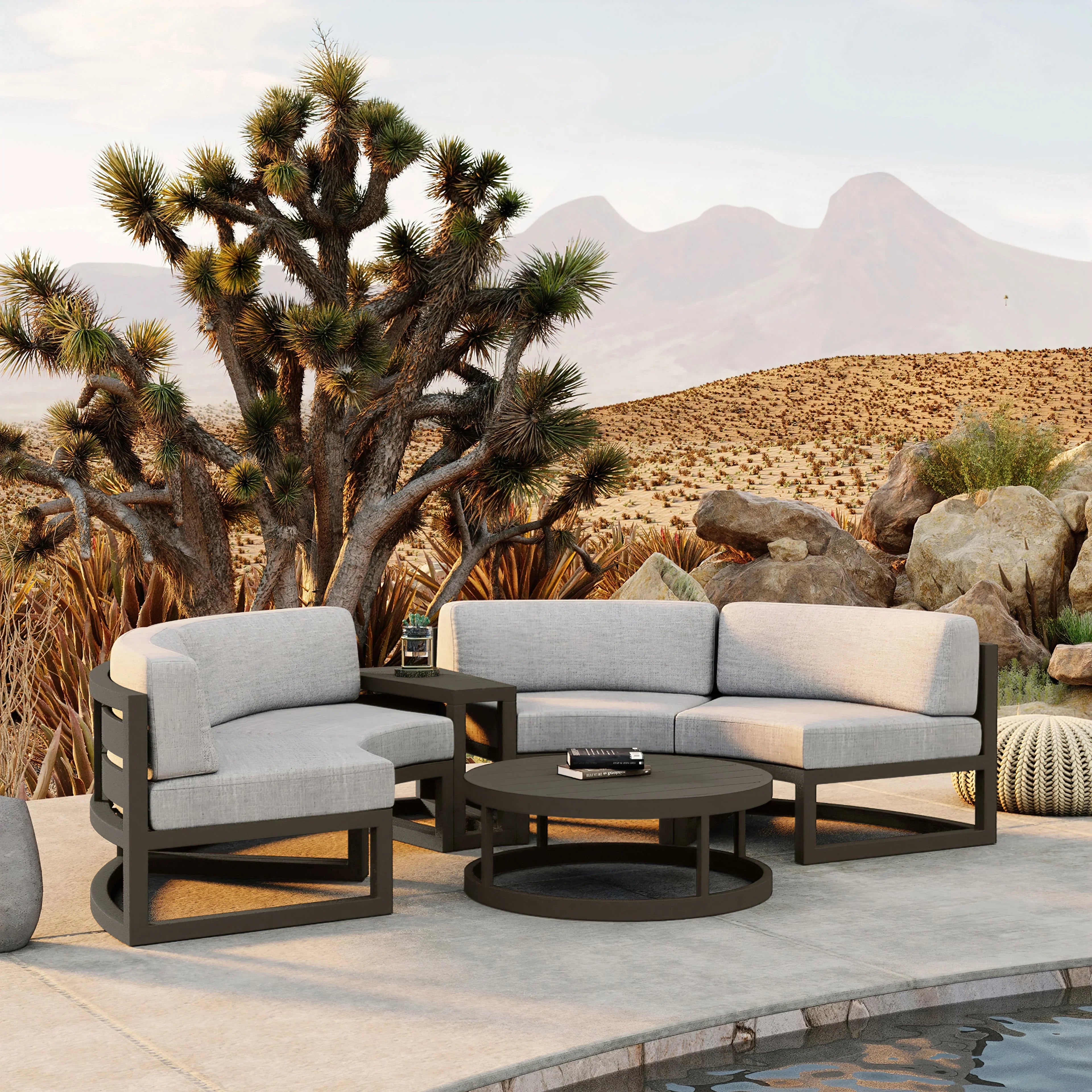 Avion 4 Piece Aluminum Curve Sectional Set#Finish_Slate#Fabric_Cast Silver