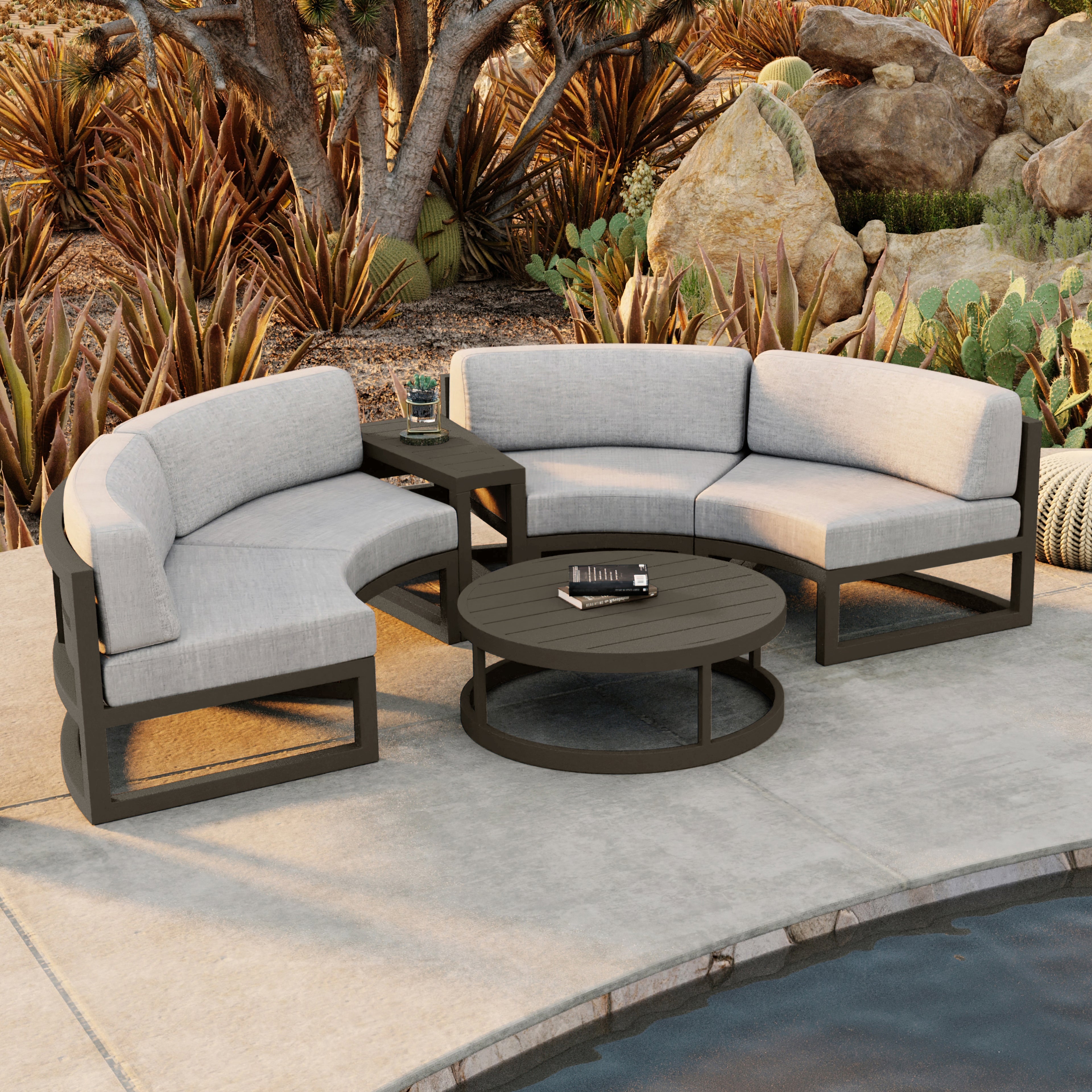 Avion 4 Piece Aluminum Curve Sectional Set#Finish_Slate#Fabric_Cast Silver