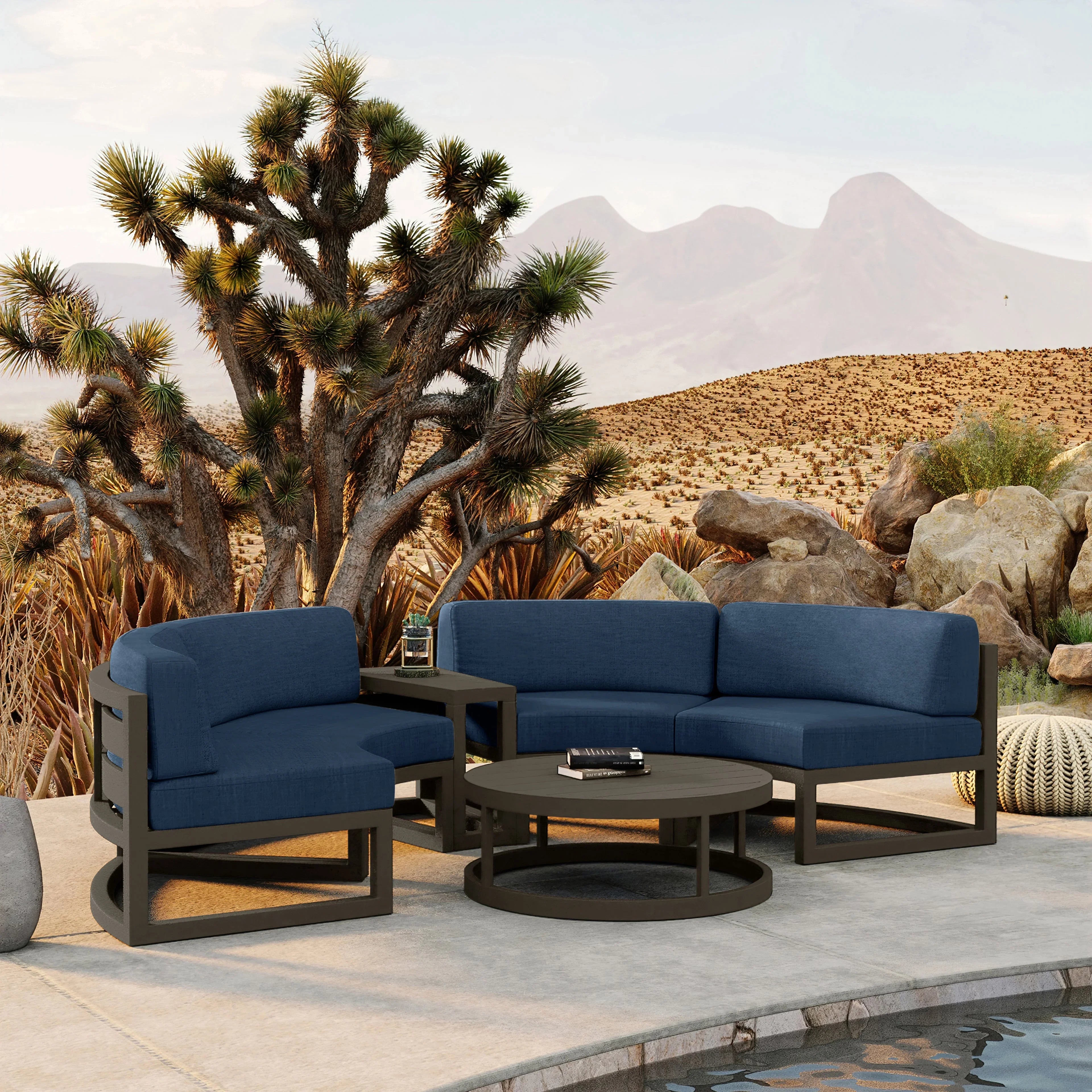 Avion 4 Piece Aluminum Curve Sectional Set#Finish_Slate#Fabric_Spectrum Indigo
