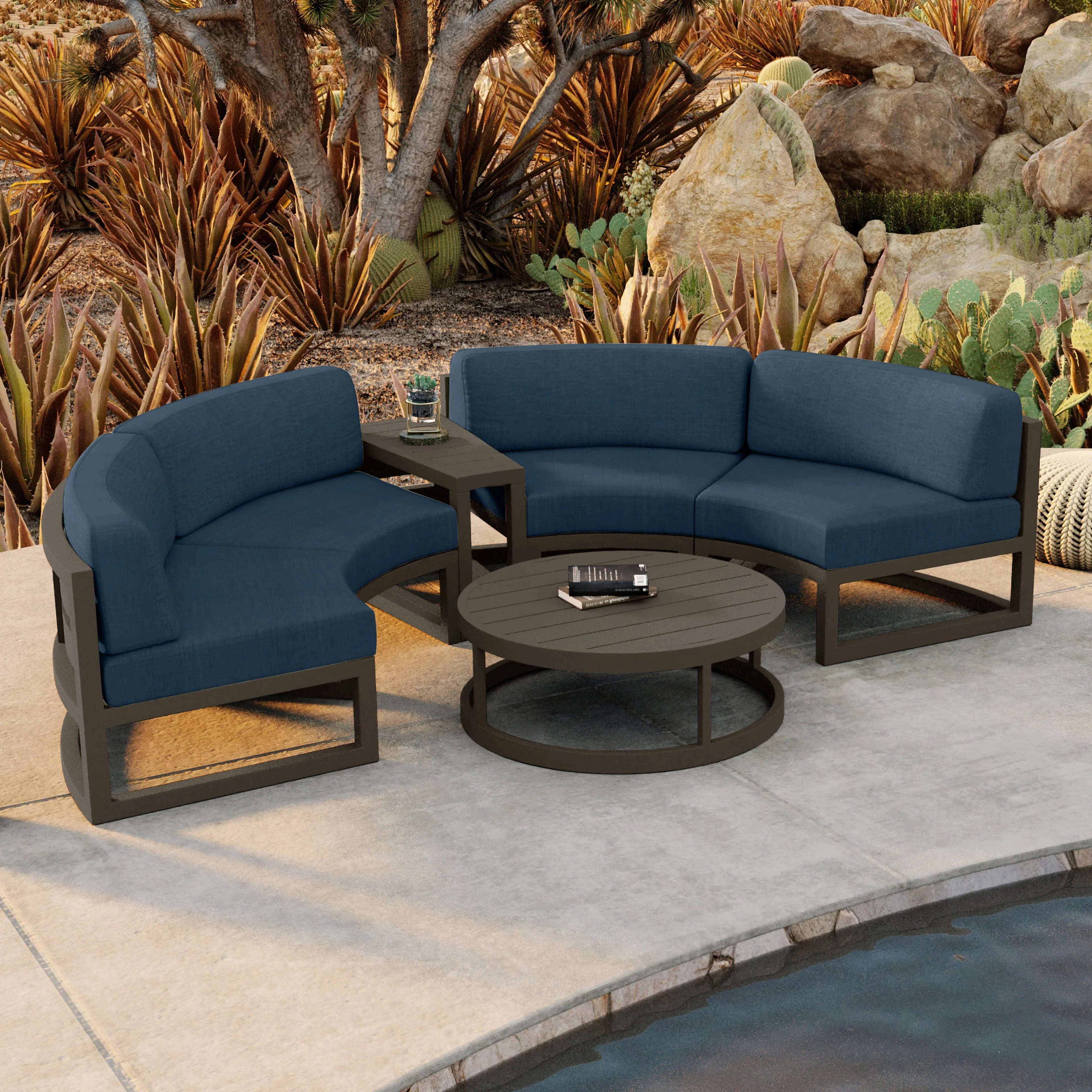 Avion 4 Piece Aluminum Curve Sectional Set#Finish_Slate#Fabric_Spectrum Indigo