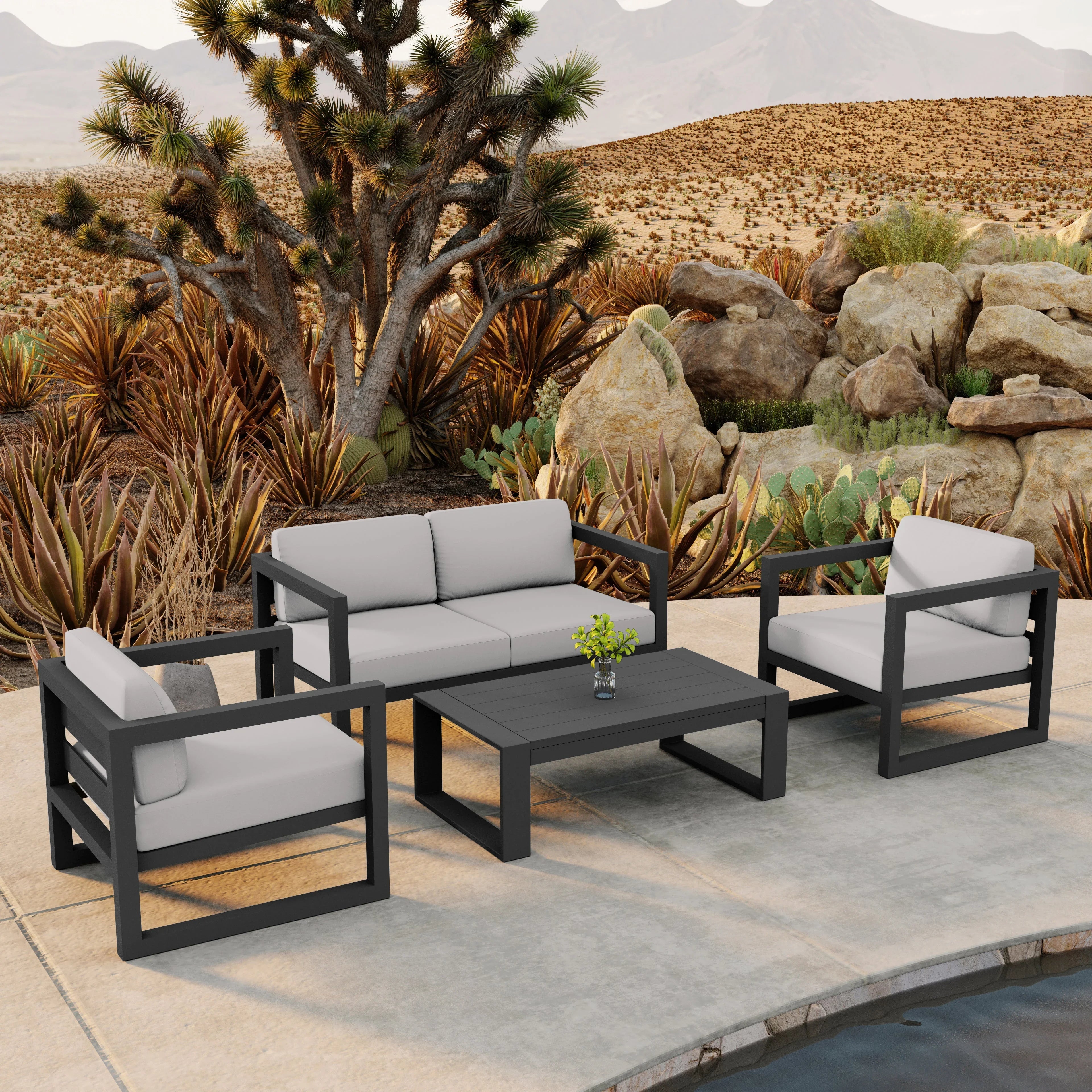 Avion 4 Piece Aluminum Loveseat Set#Finish_Slate#Fabric_Canvas Natural