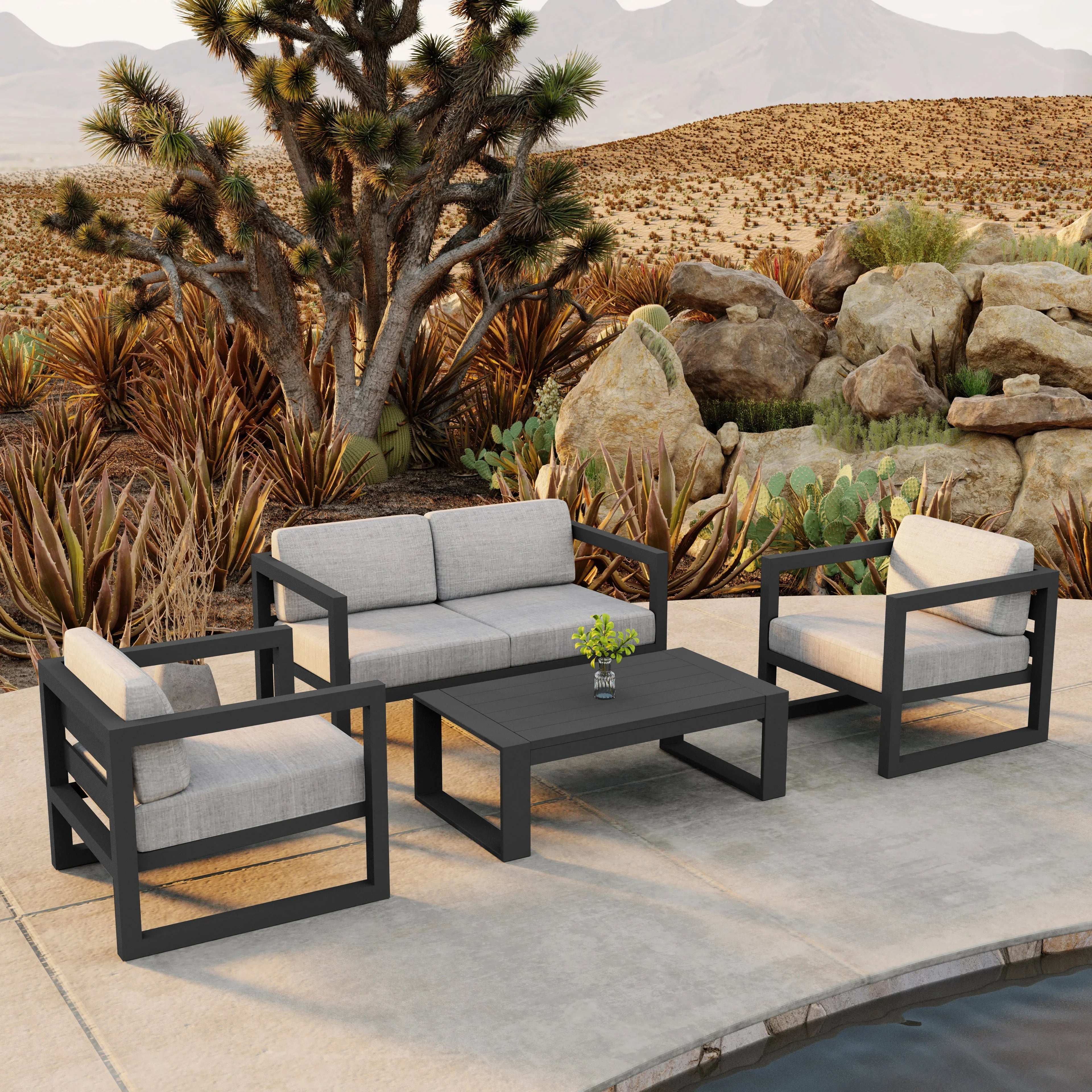 Avion 4 Piece Aluminum Loveseat Set#Finish_Slate#Fabric_Cast Silver