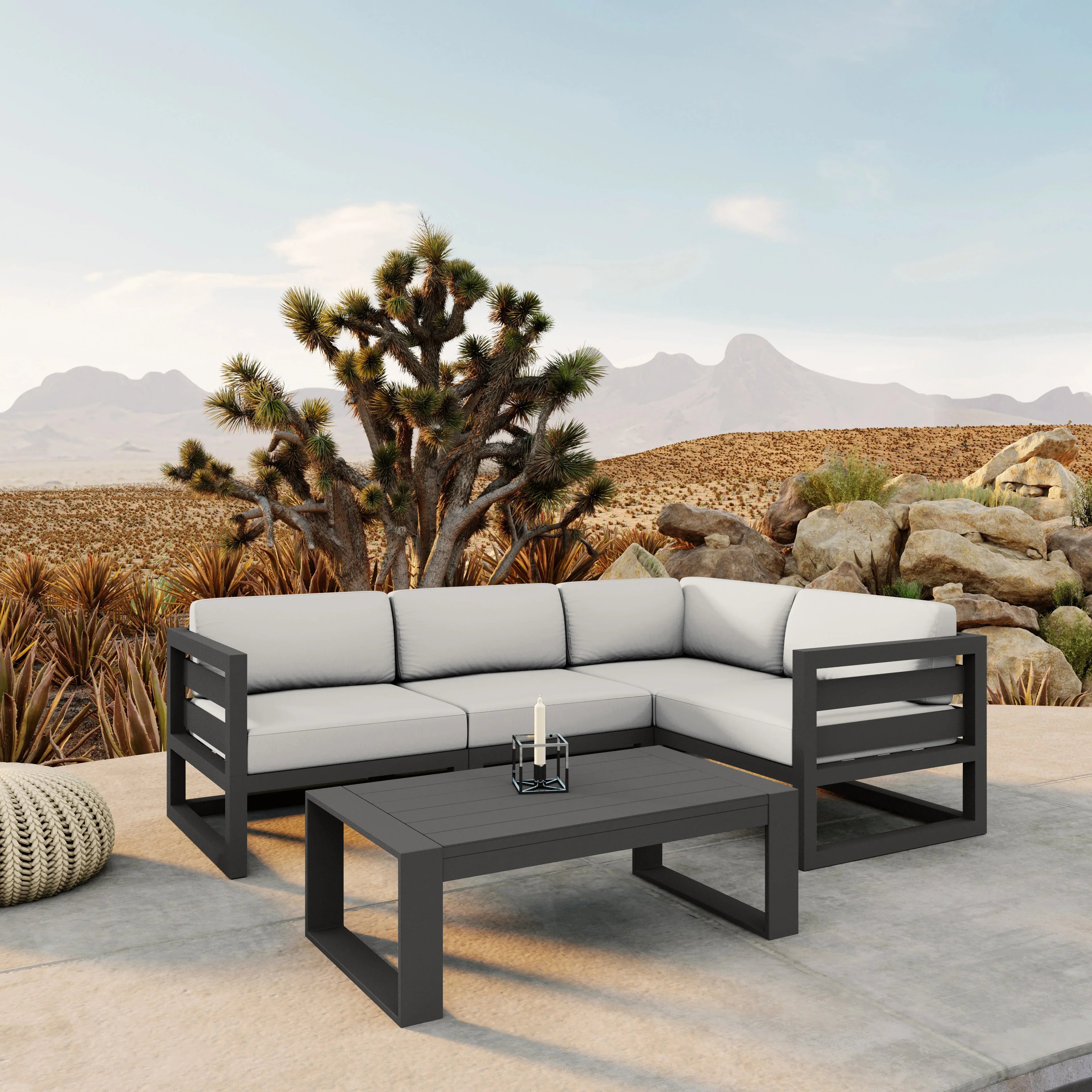 Avion 5 Piece Aluminum Sectional Set#Finish_Slate#Fabric_Canvas Natural