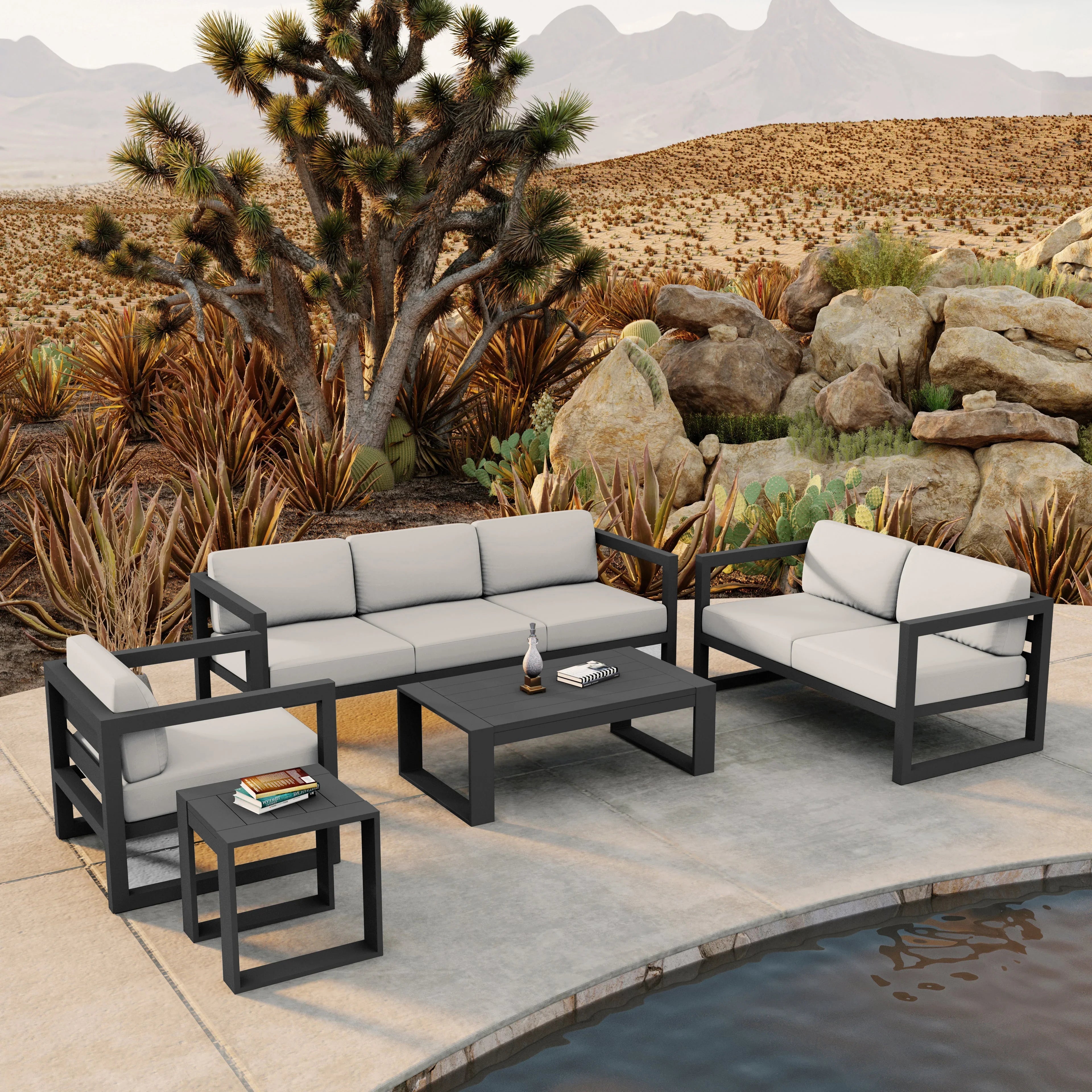 Avion 5 Piece Aluminum Sofa Set#Finish_Slate#Fabric_Canvas Natural