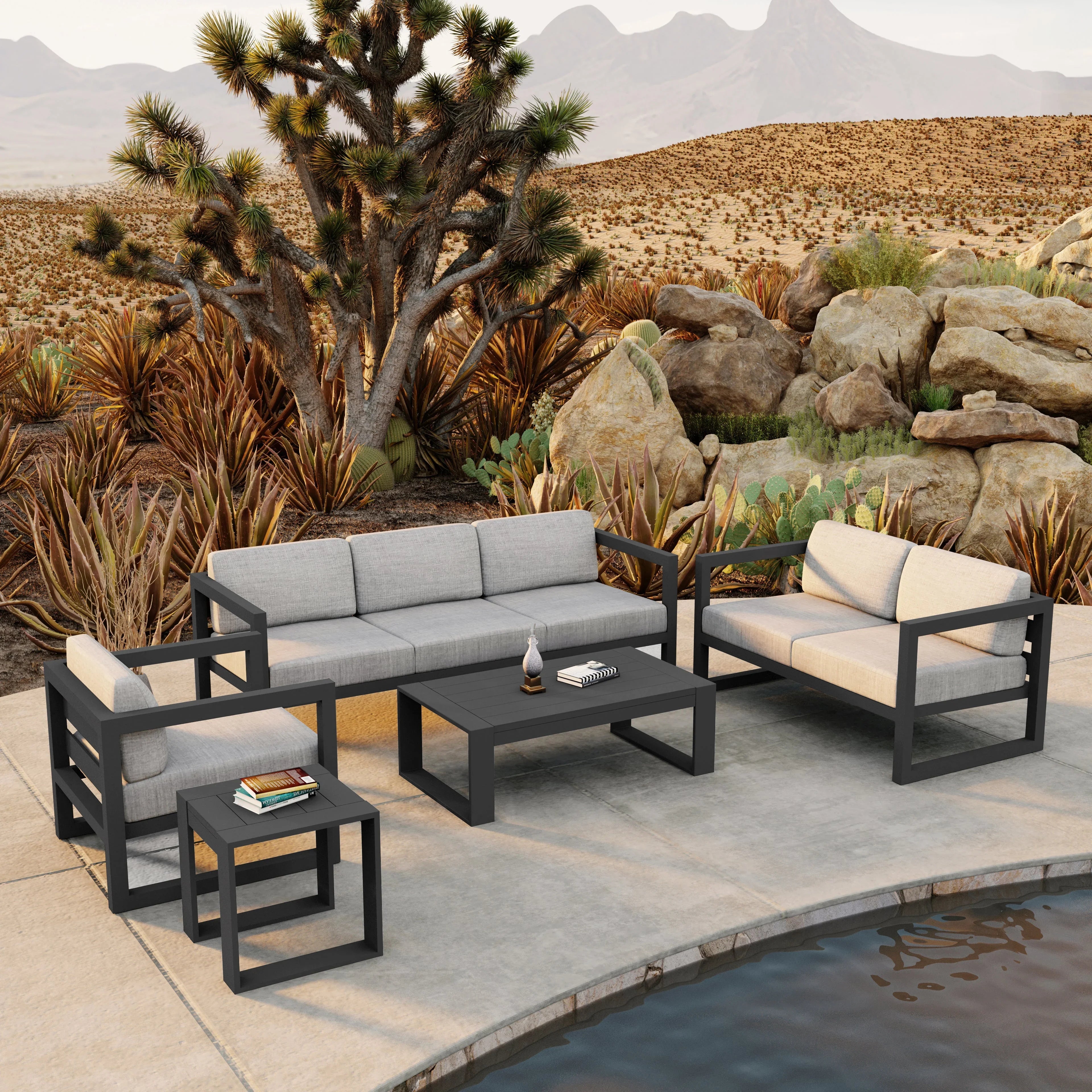 Avion 5 Piece Aluminum Sofa Set#Finish_Slate#Fabric_Cast Silver