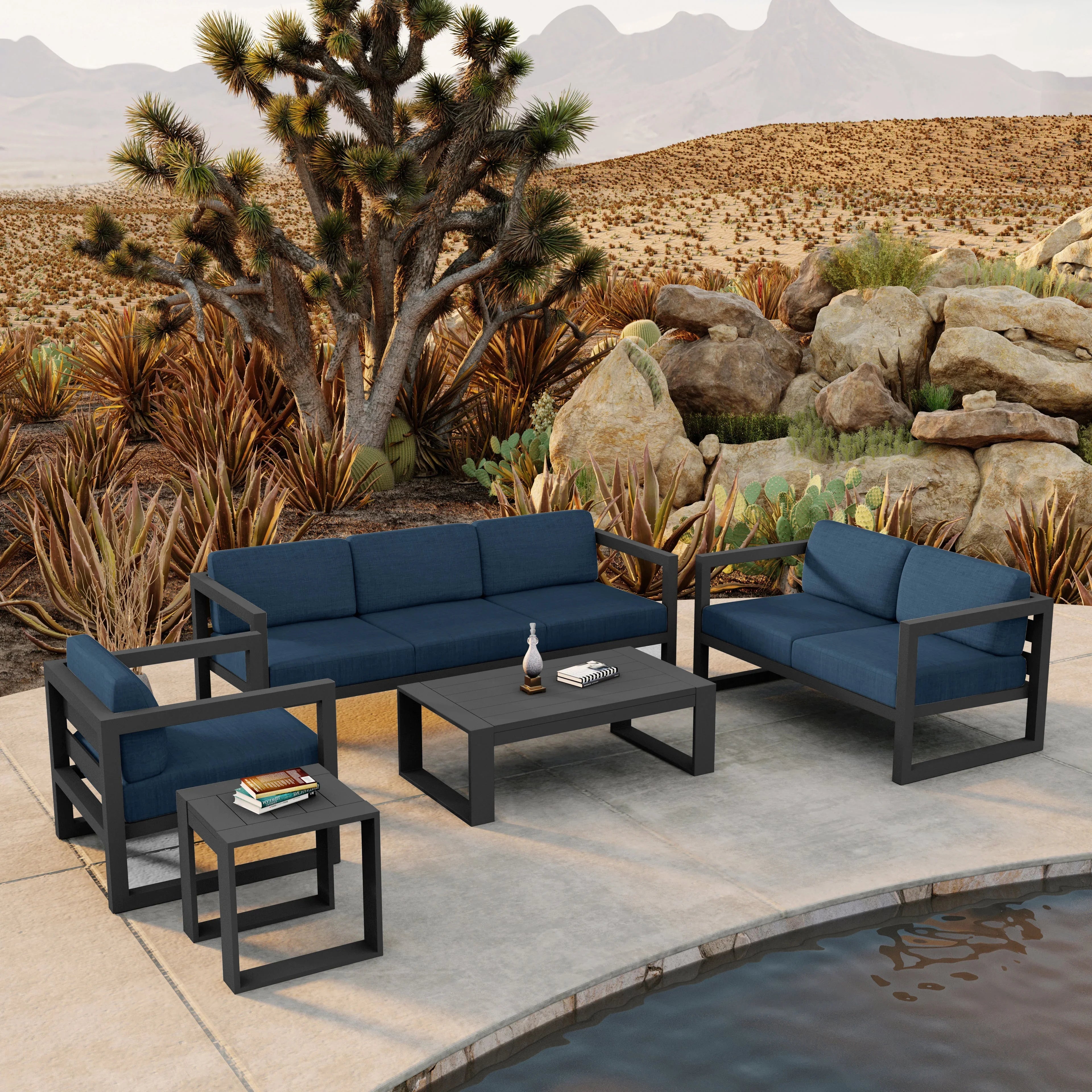 Avion 5 Piece Aluminum Sofa Set#Finish_Slate#Fabric_Spectrum Indigo