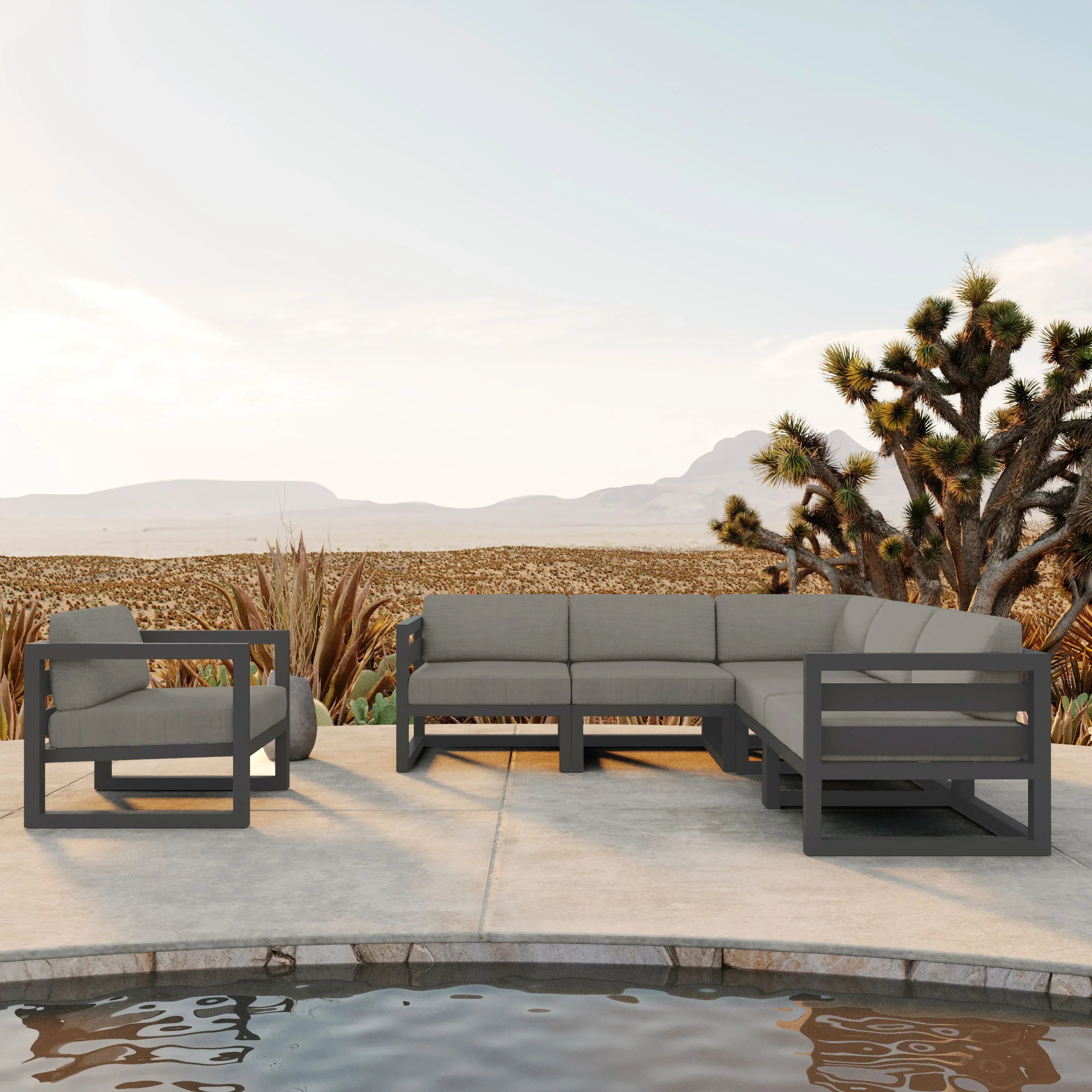 Avion 6 Piece Aluminum Sectional Set#Finish_Slate#Fabric_Canvas Charcoal