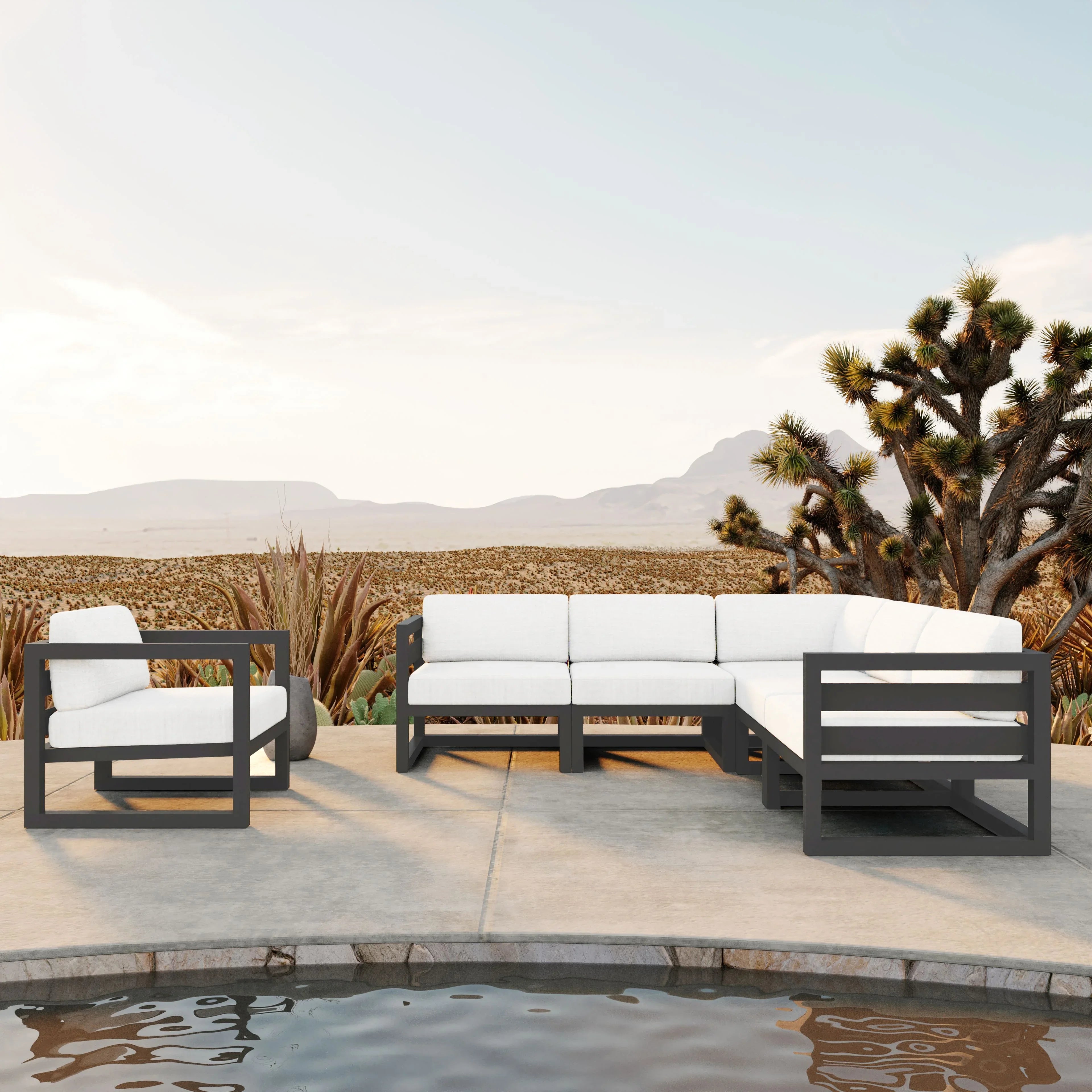 Avion 6 Piece Aluminum Sectional Set#Finish_Slate#Fabric_Canvas Natural