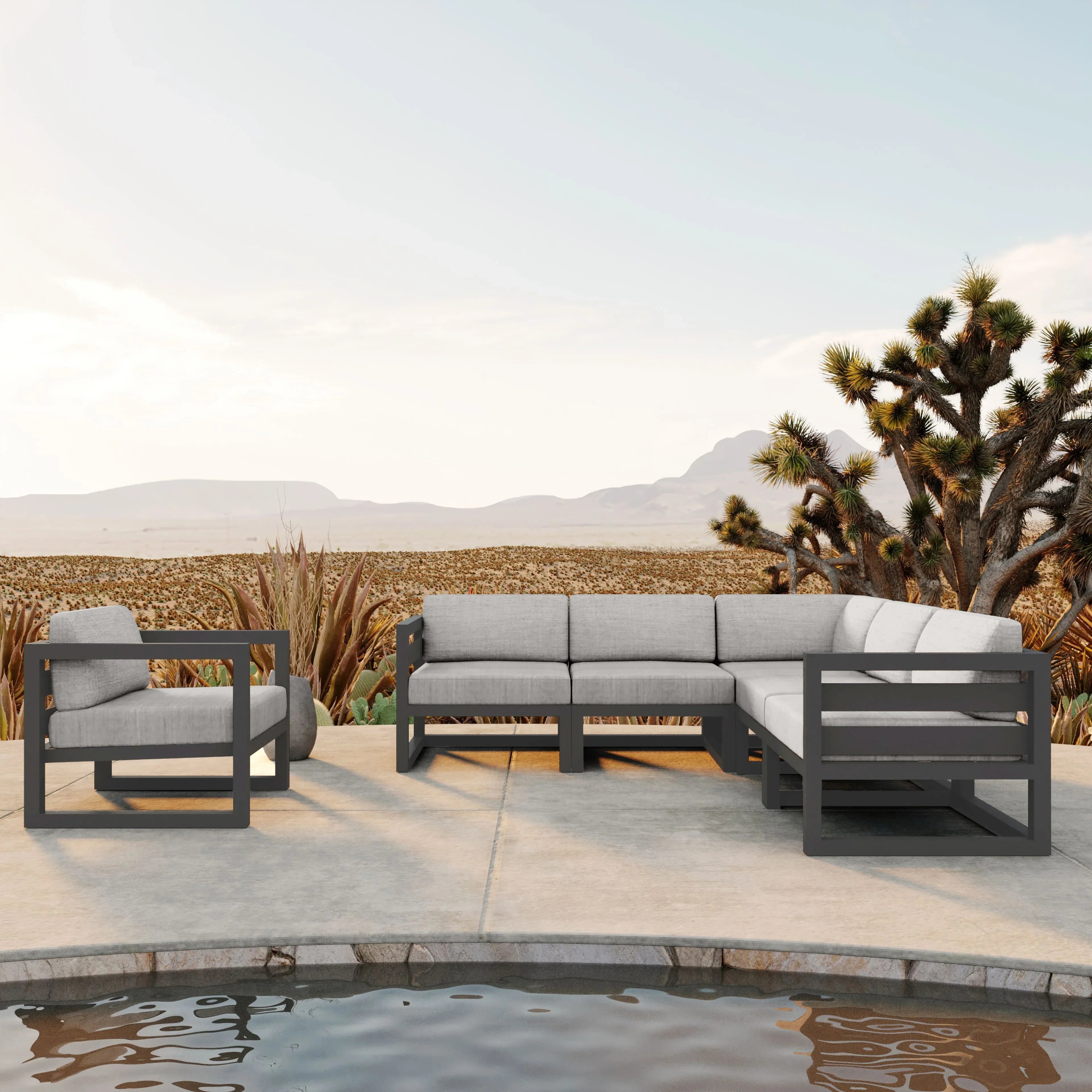 Avion 6 Piece Aluminum Sectional Set#Finish_Slate#Fabric_Cast Silver