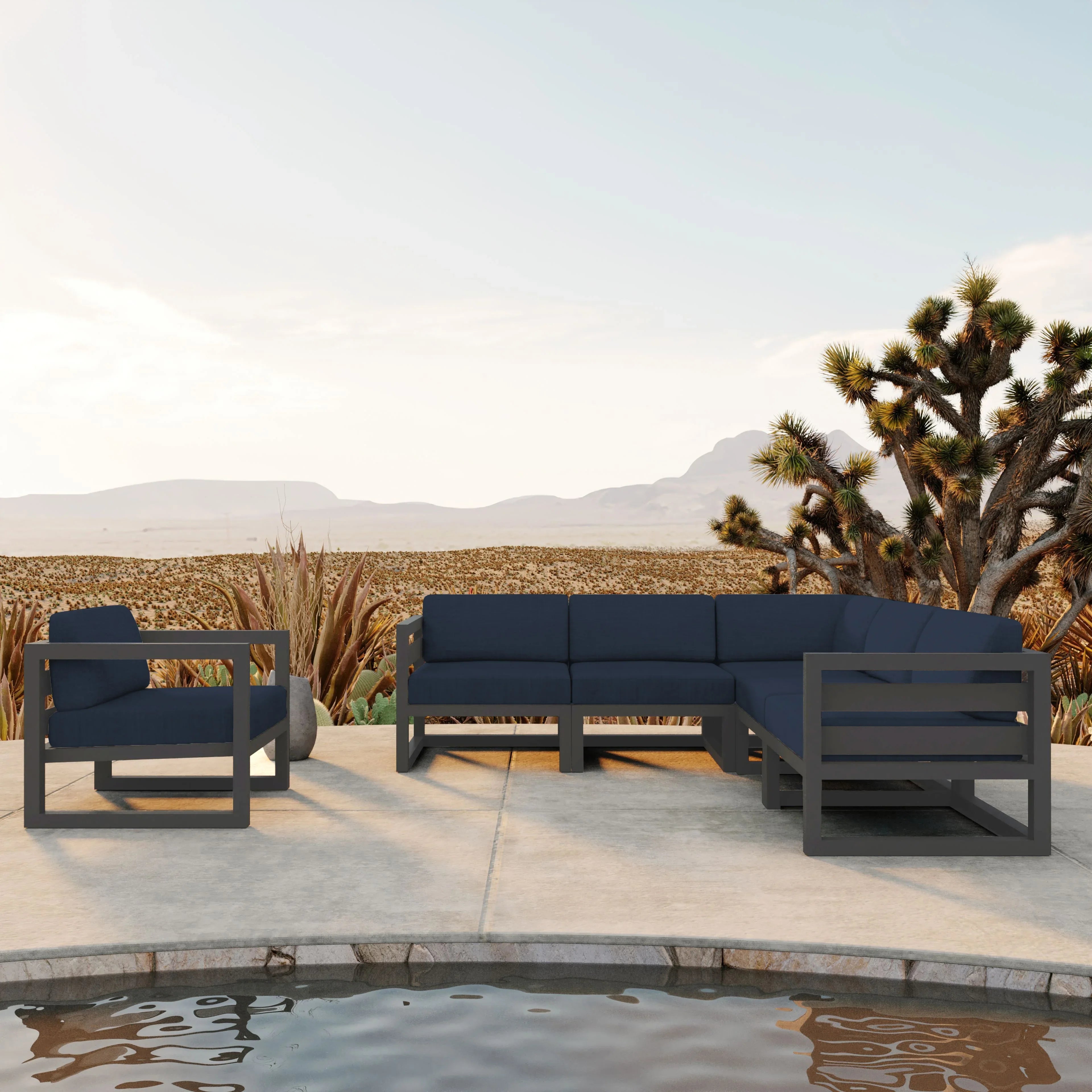 Avion 6 Piece Aluminum Sectional Set#Finish_Slate#Fabric_Spectrum Indigo