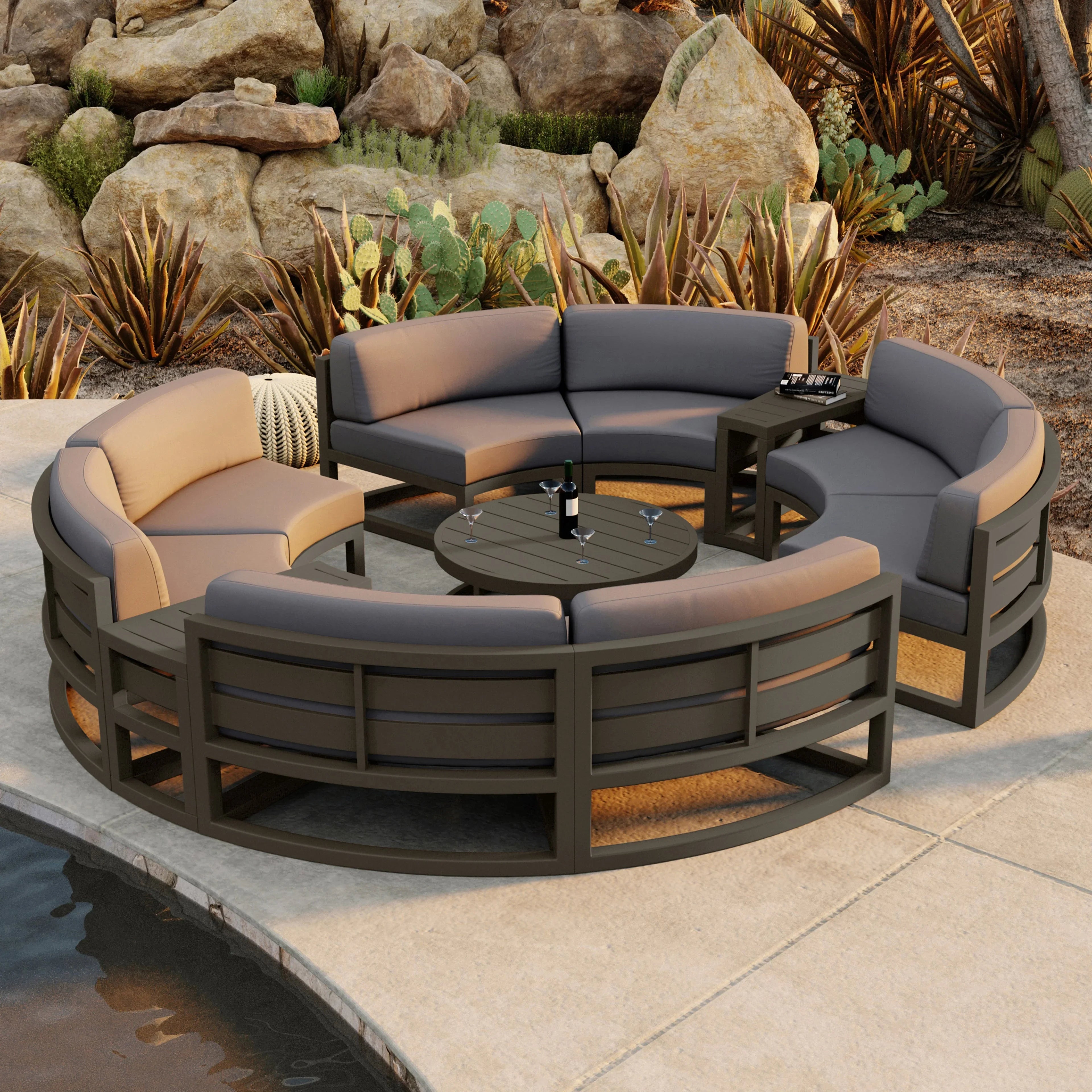 Avion 7 Piece Aluminum Curve Sectional Set#Finish_Slate#Fabric_Canvas Charcoal
