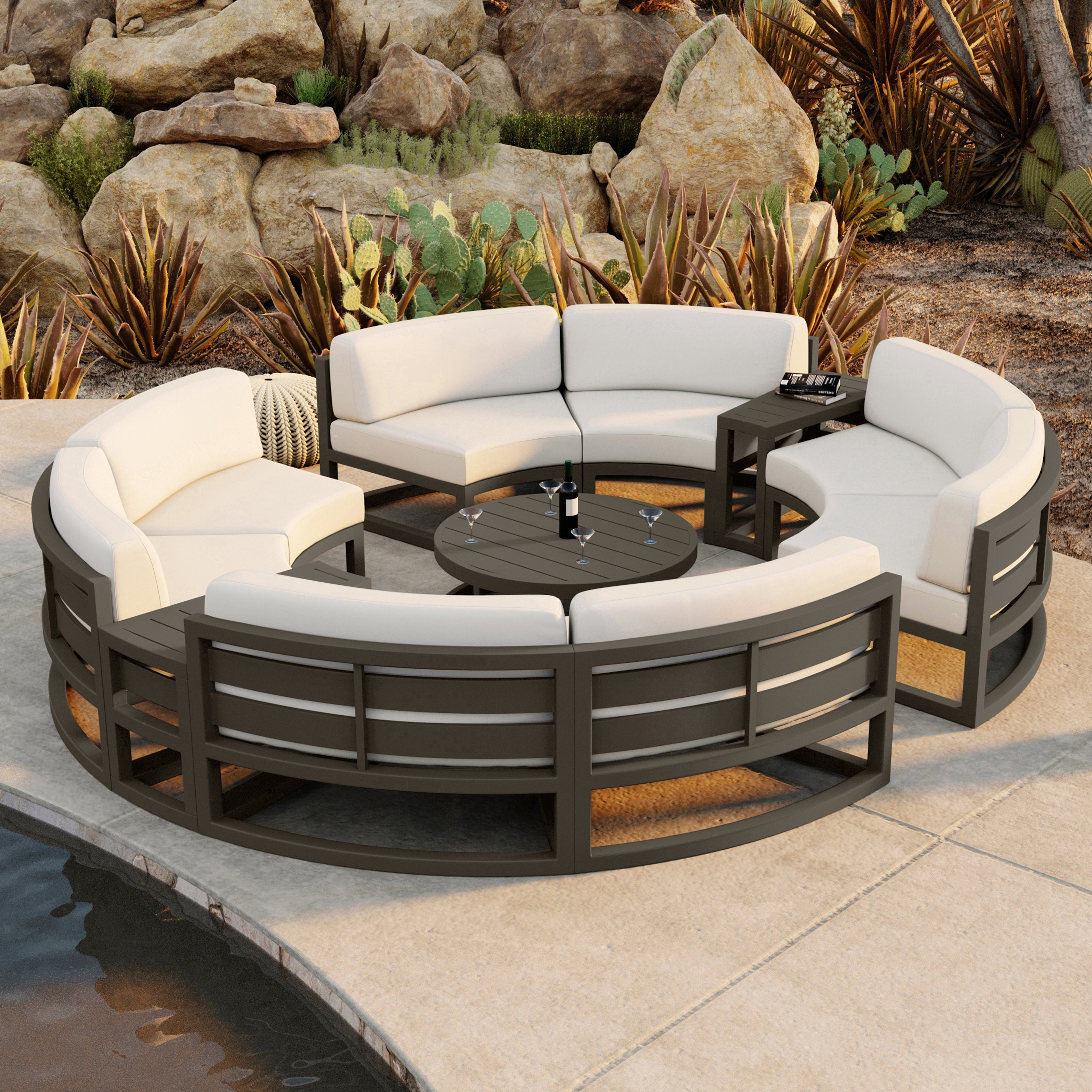 Avion 7 Piece Aluminum Curve Sectional Set#Finish_Slate#Fabric_Canvas Natural